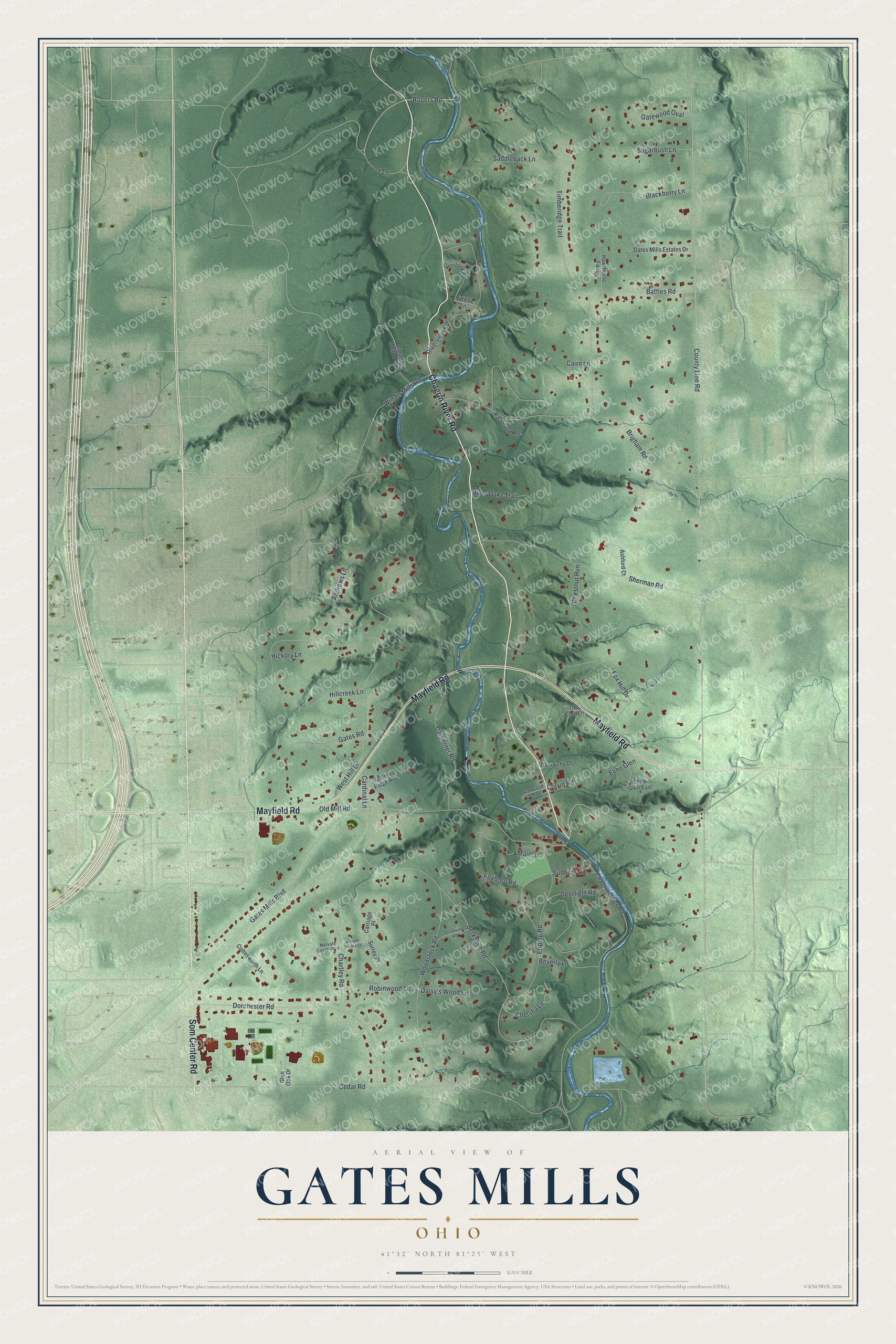 Full map of Gates Mills, Ohio, with red buildings, printed street names and the land around them