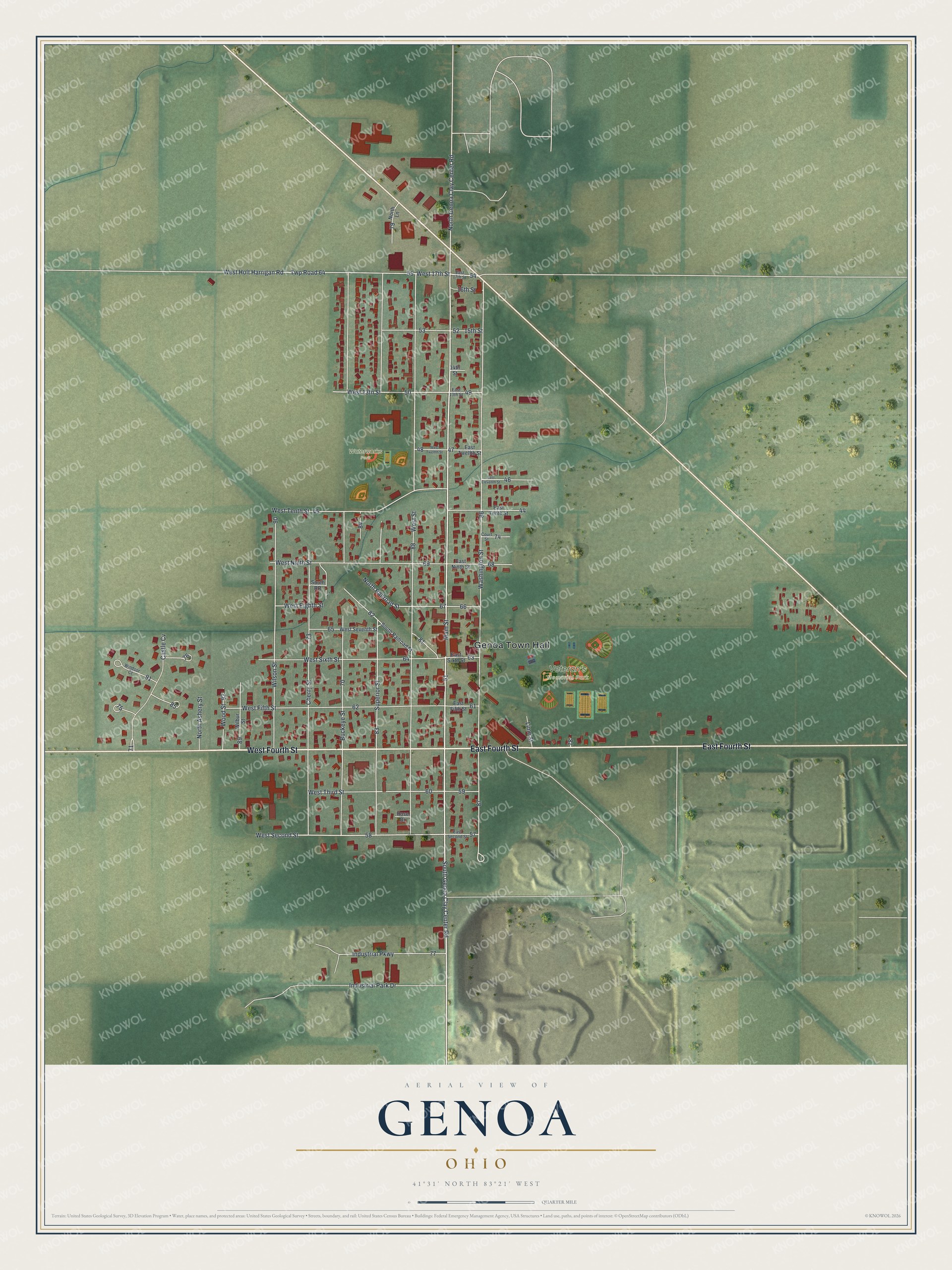 Full map of Genoa, Ohio, with red buildings, printed street names and the land around them