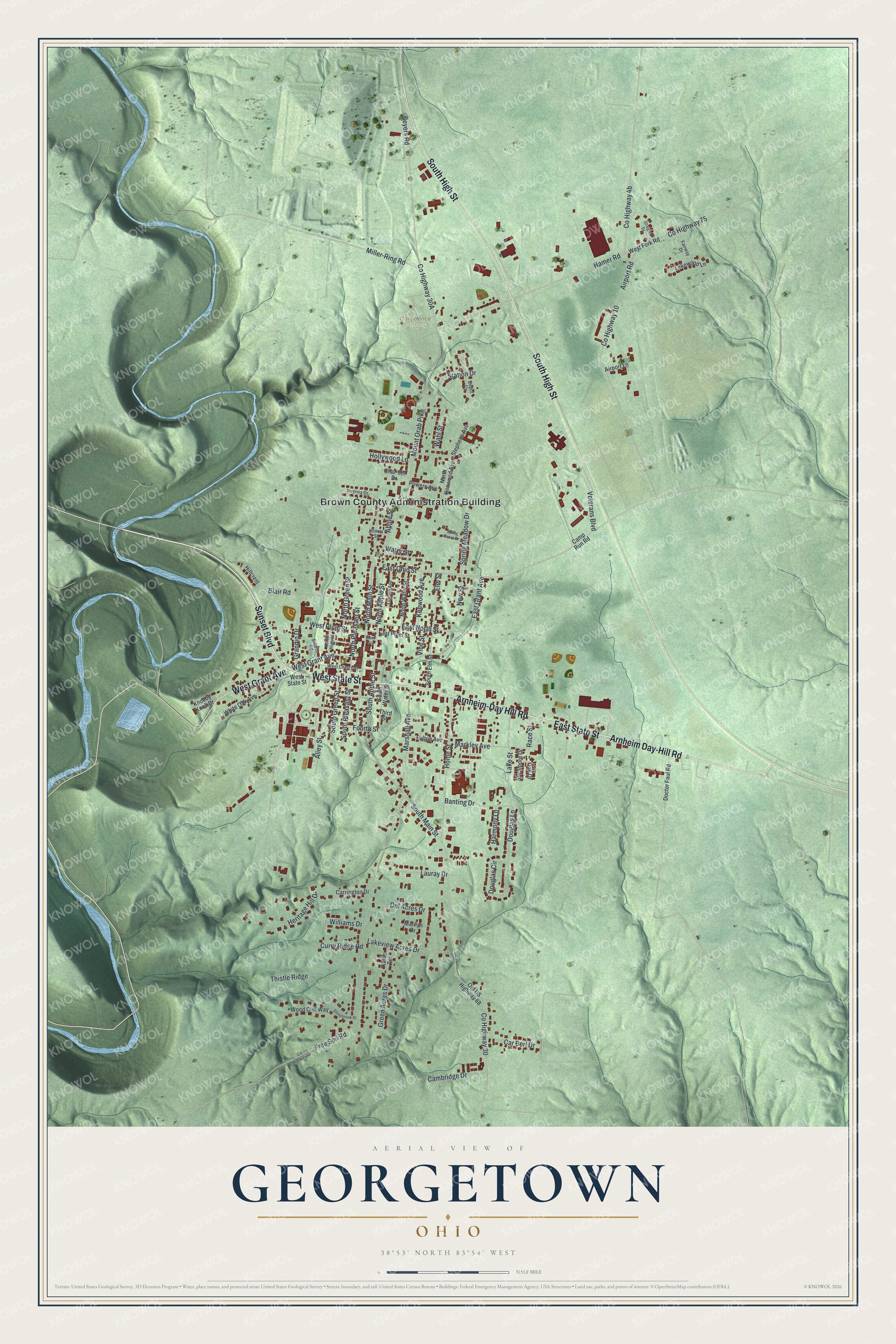 Aerial-style map of Georgetown, Ohio with red buildings along its streets, shaded green hills and a winding blue stream on the left