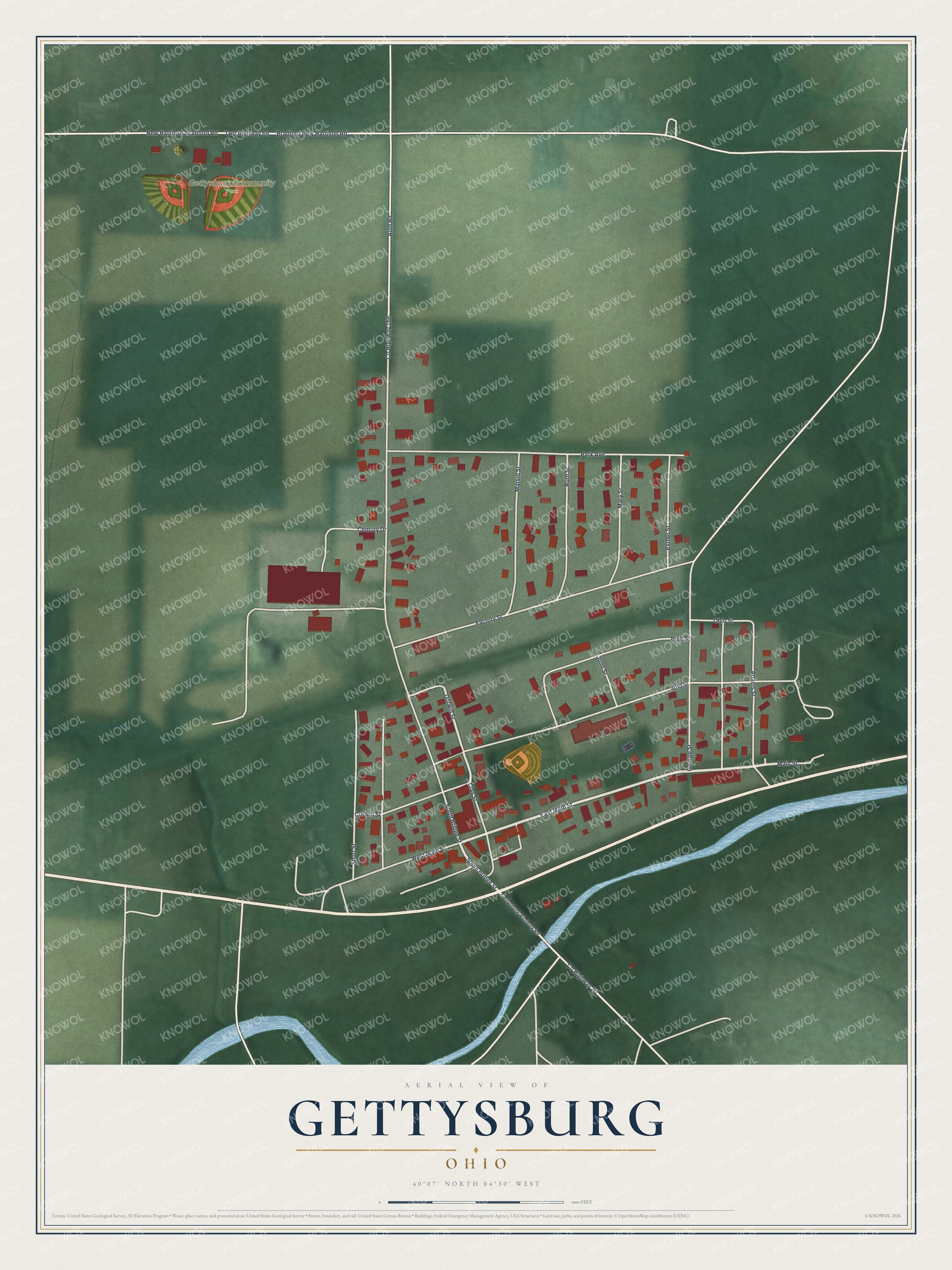 Full map of Gettysburg, Ohio, with red buildings, printed street names and the land around them