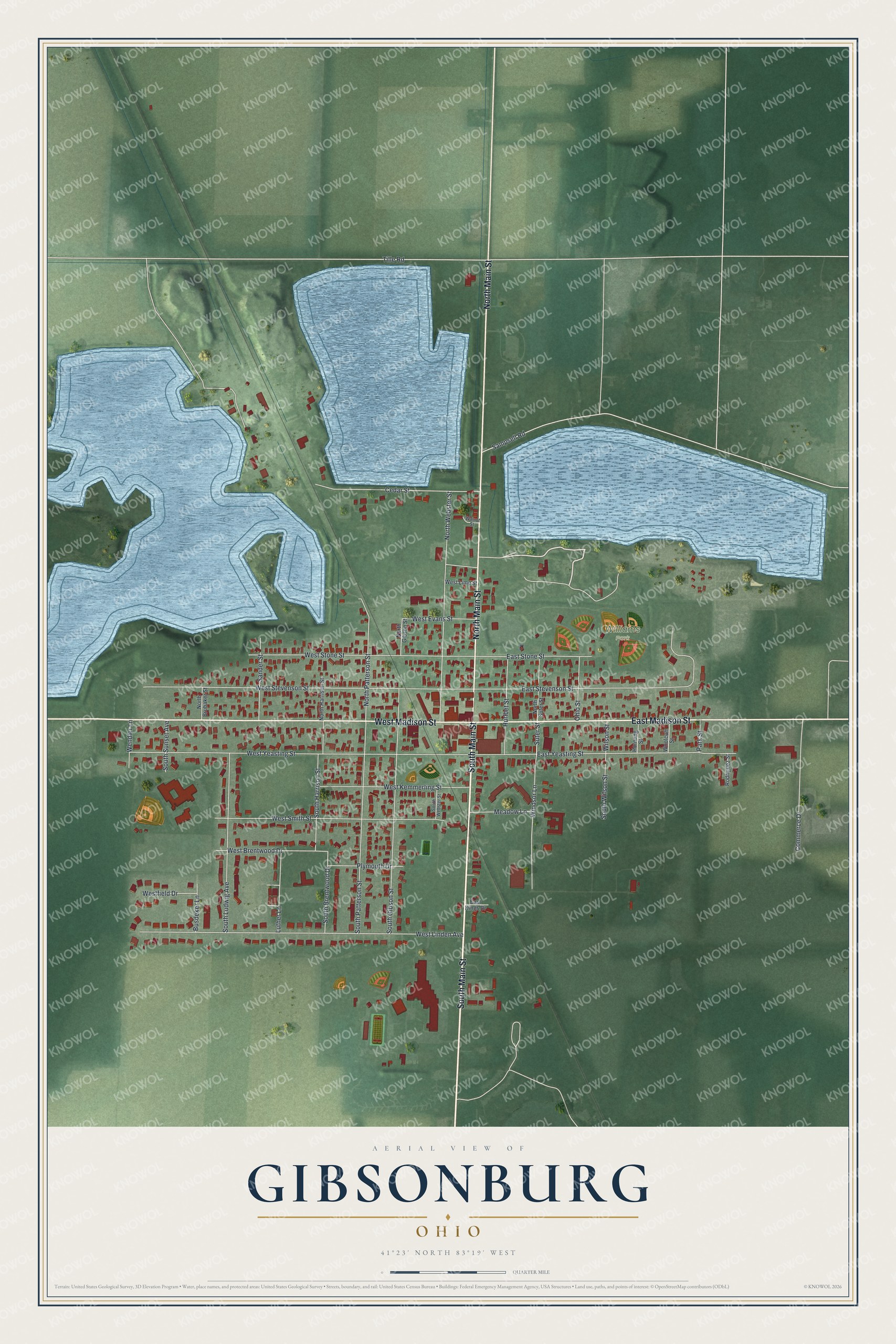 Full map of Gibsonburg, Ohio, with red buildings, printed street names and the land around them
