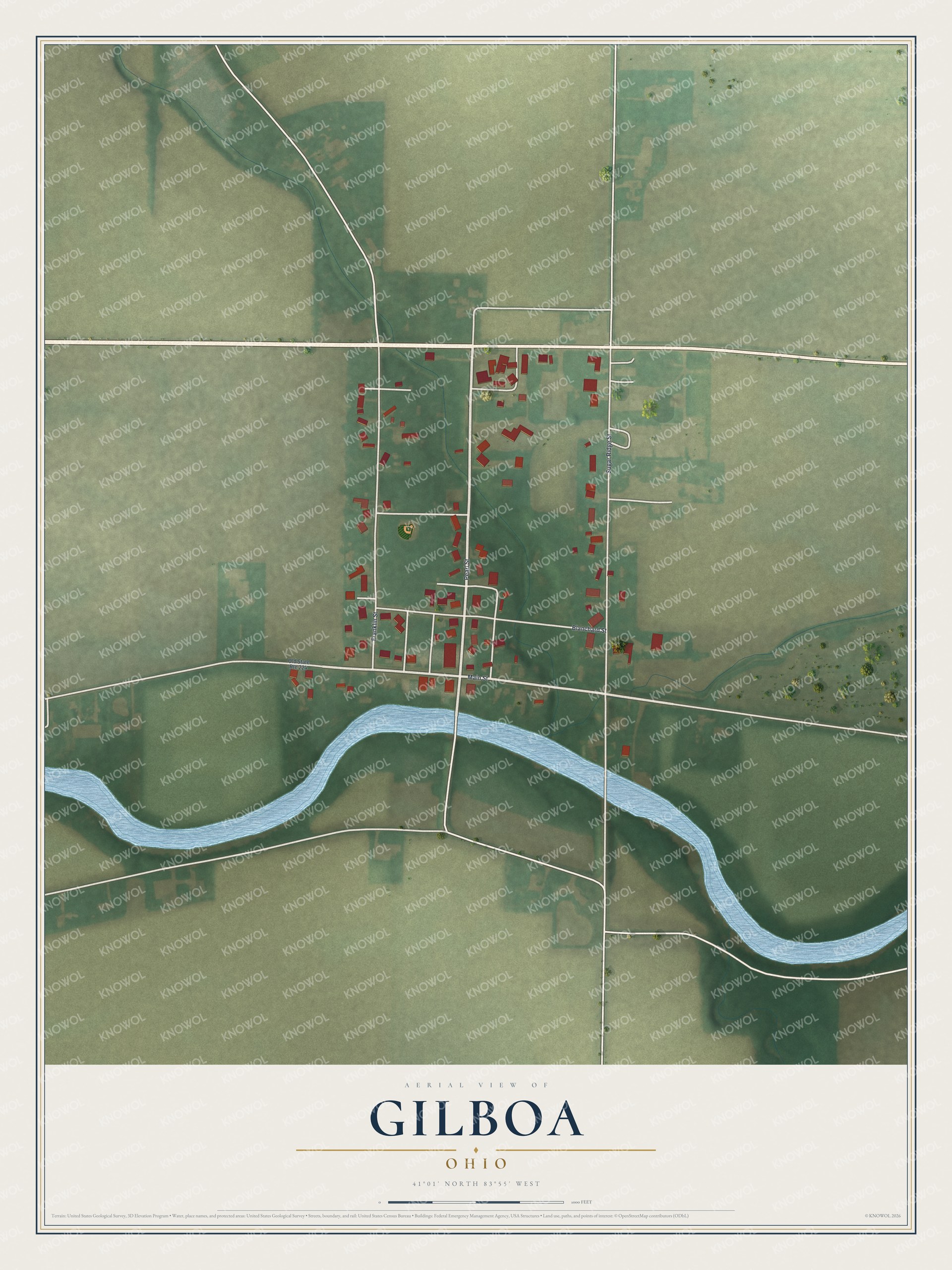 Full map of Gilboa, Ohio, with red buildings, printed street names and the land around them