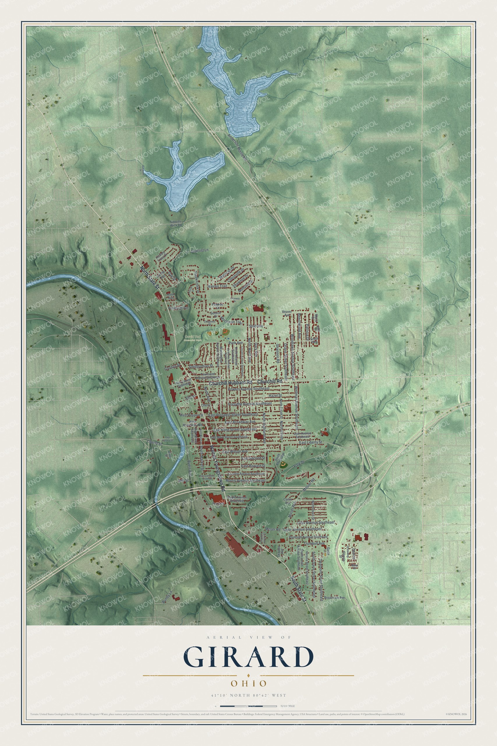 Full map of Girard, Ohio, with red buildings, printed street names and the land around them