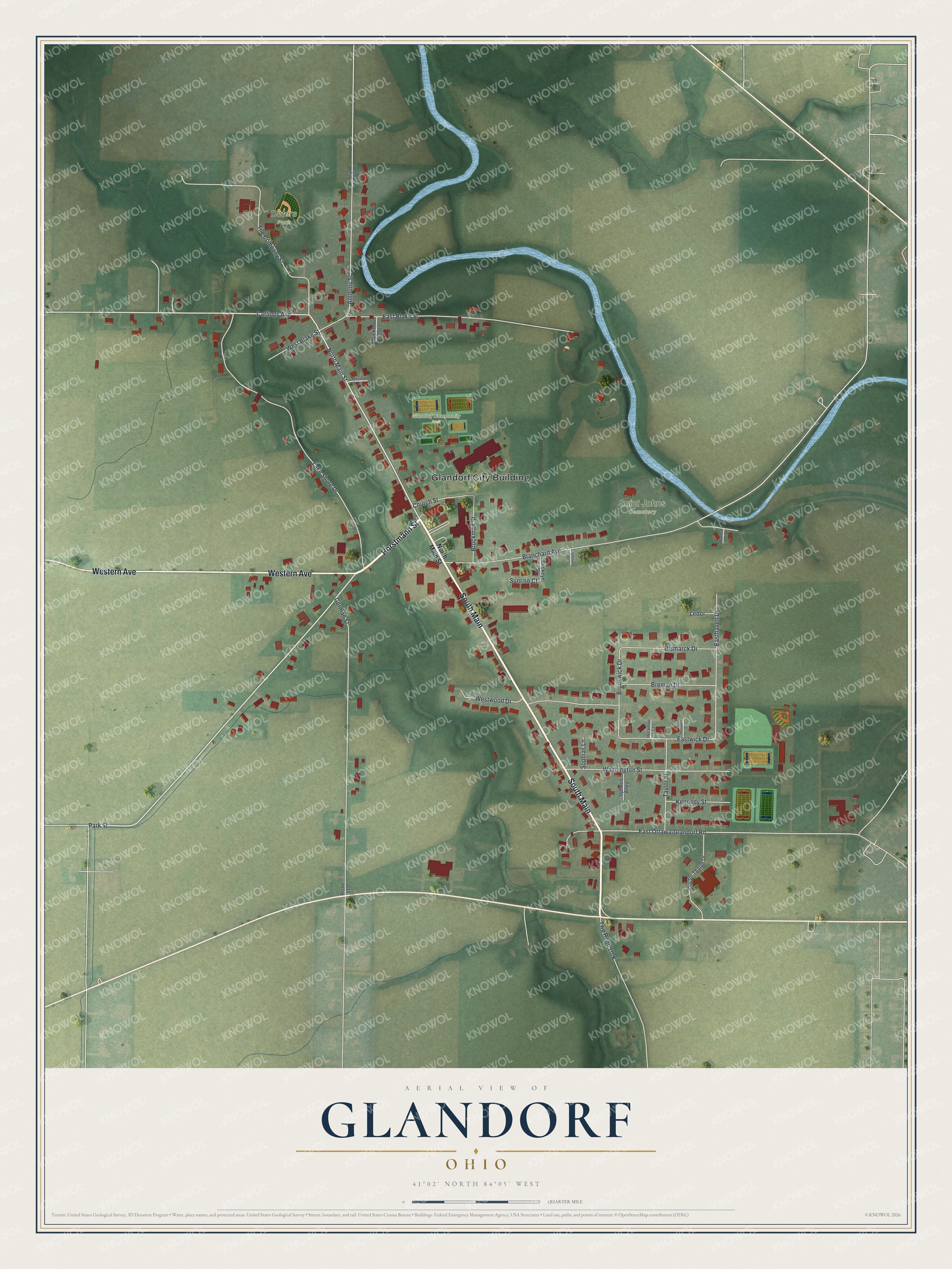 Full map of Glandorf, Ohio, with red buildings, printed street names and the land around them