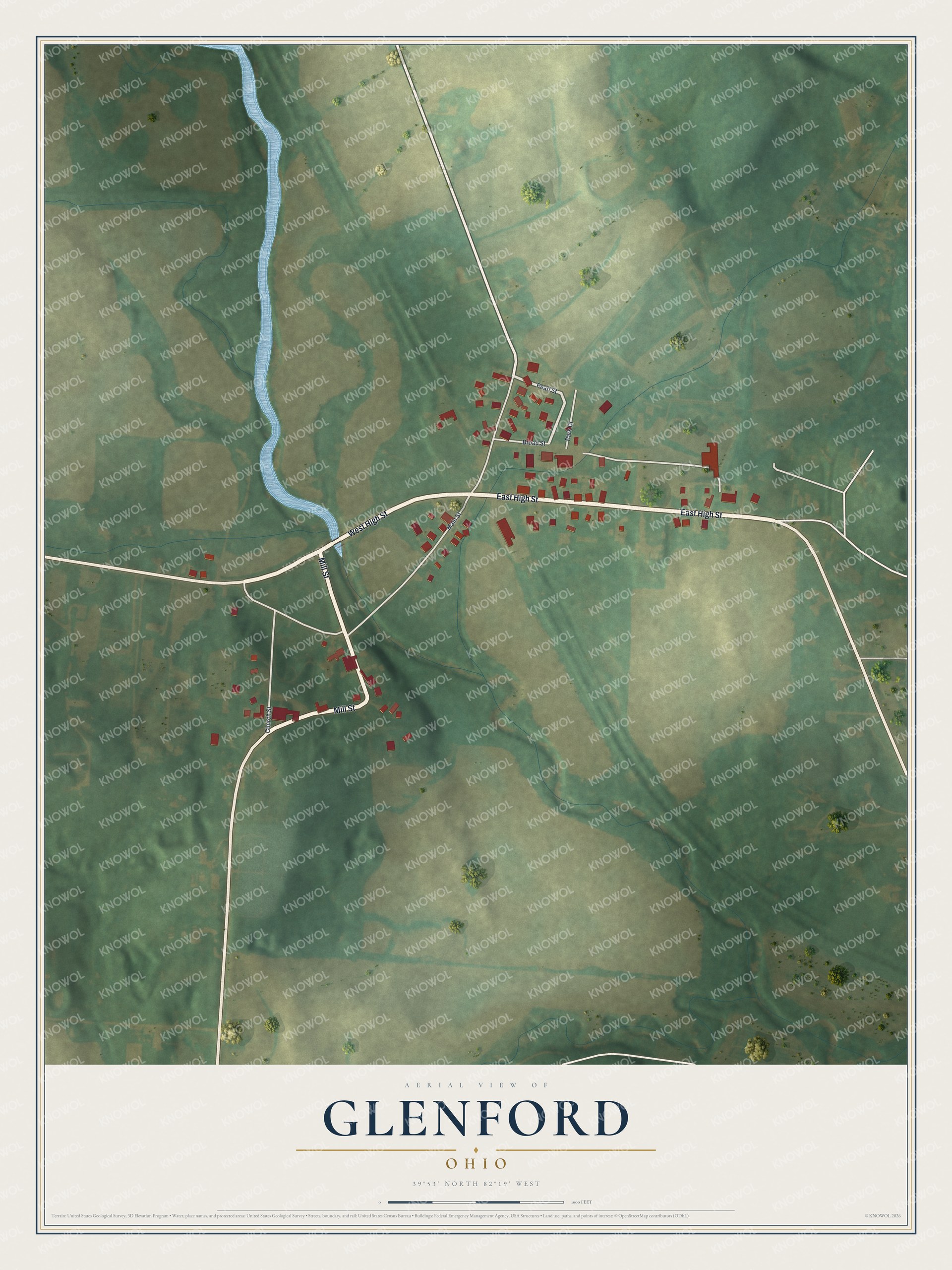 Full map of Glenford, Ohio, with red buildings, printed street names and the land around them