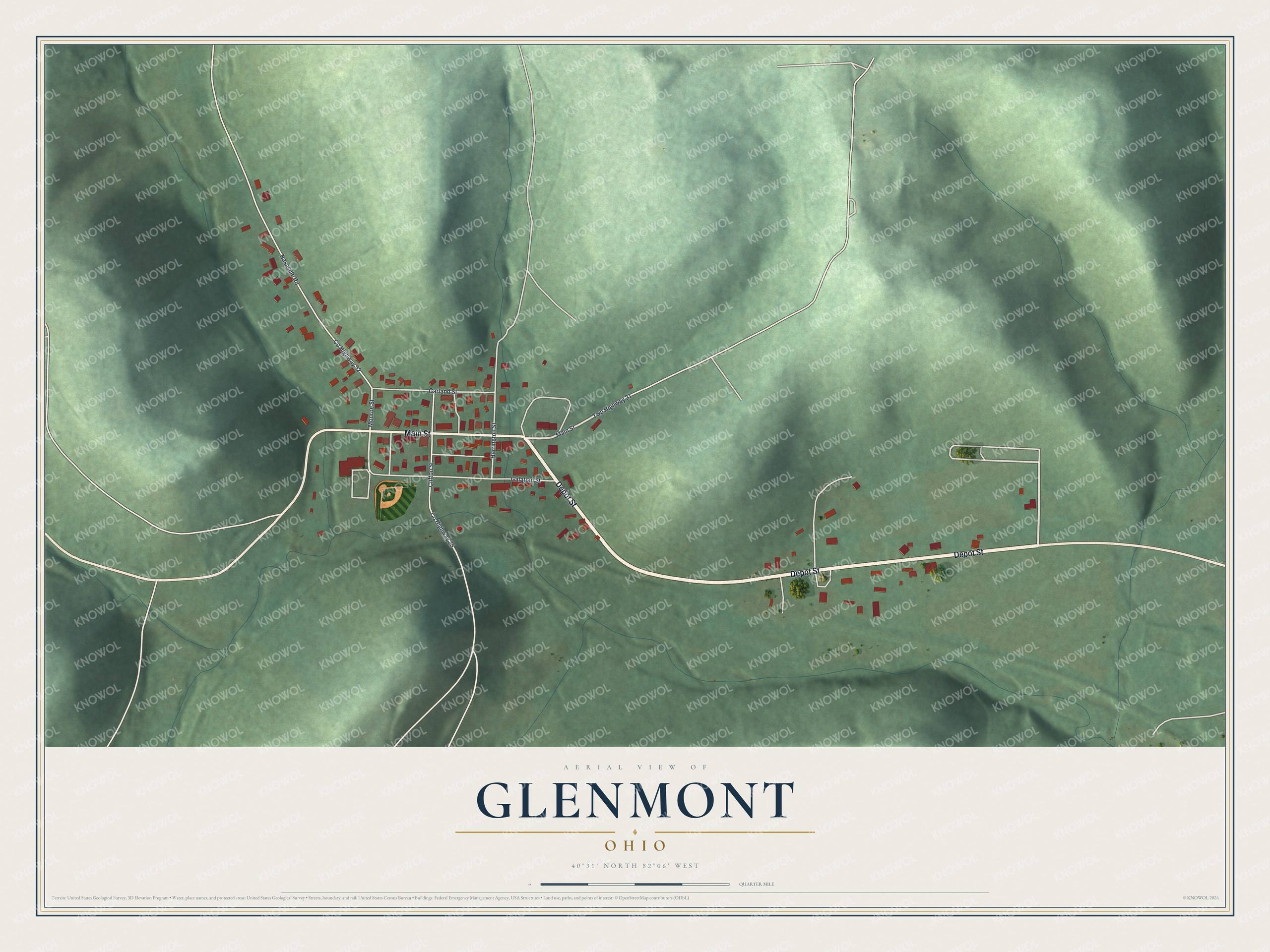 Full map of Glenmont, Ohio, with red buildings, printed street names and the land around them