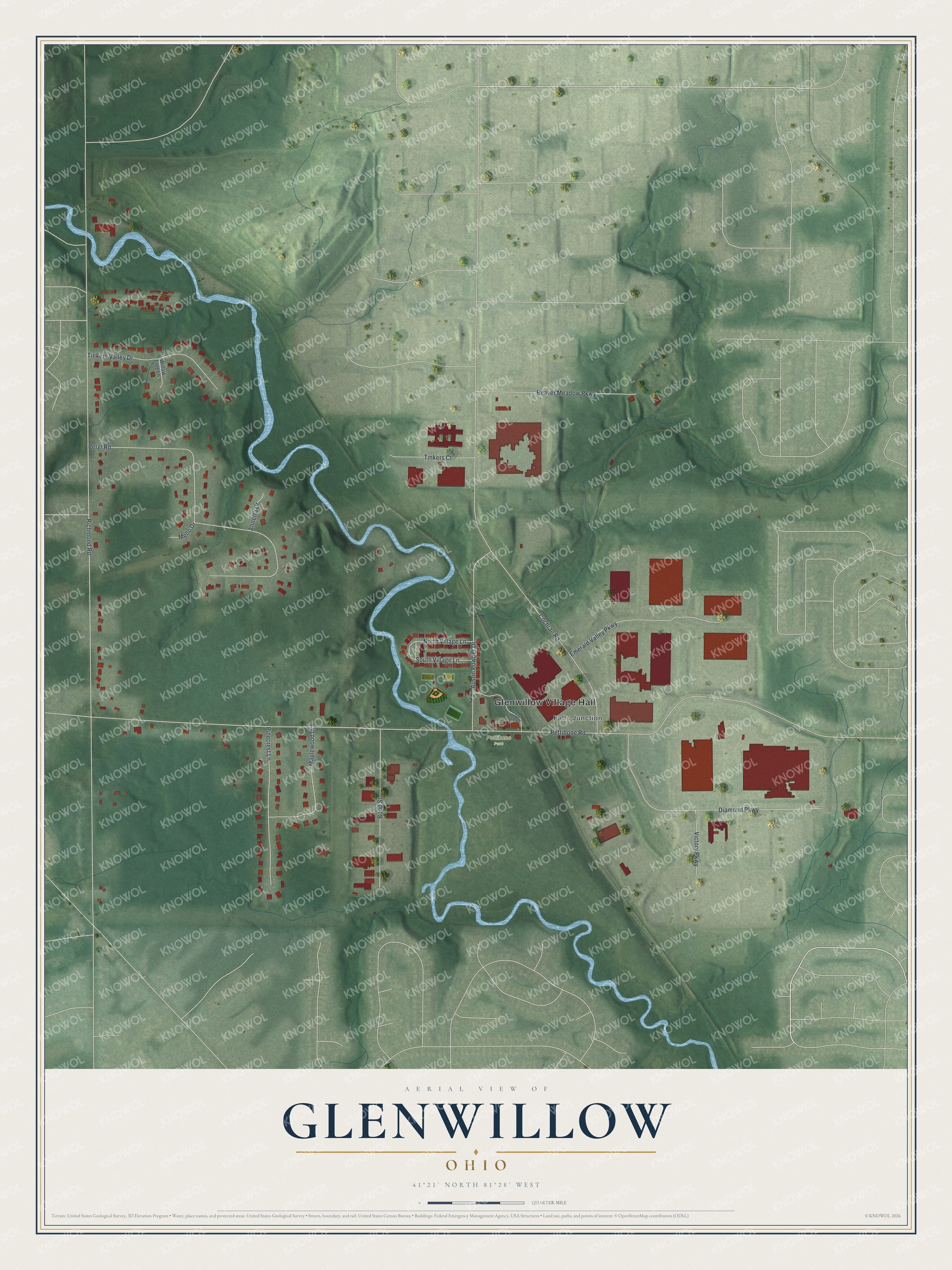 Full map of Glenwillow, Ohio, with red buildings, printed street names and the land around them