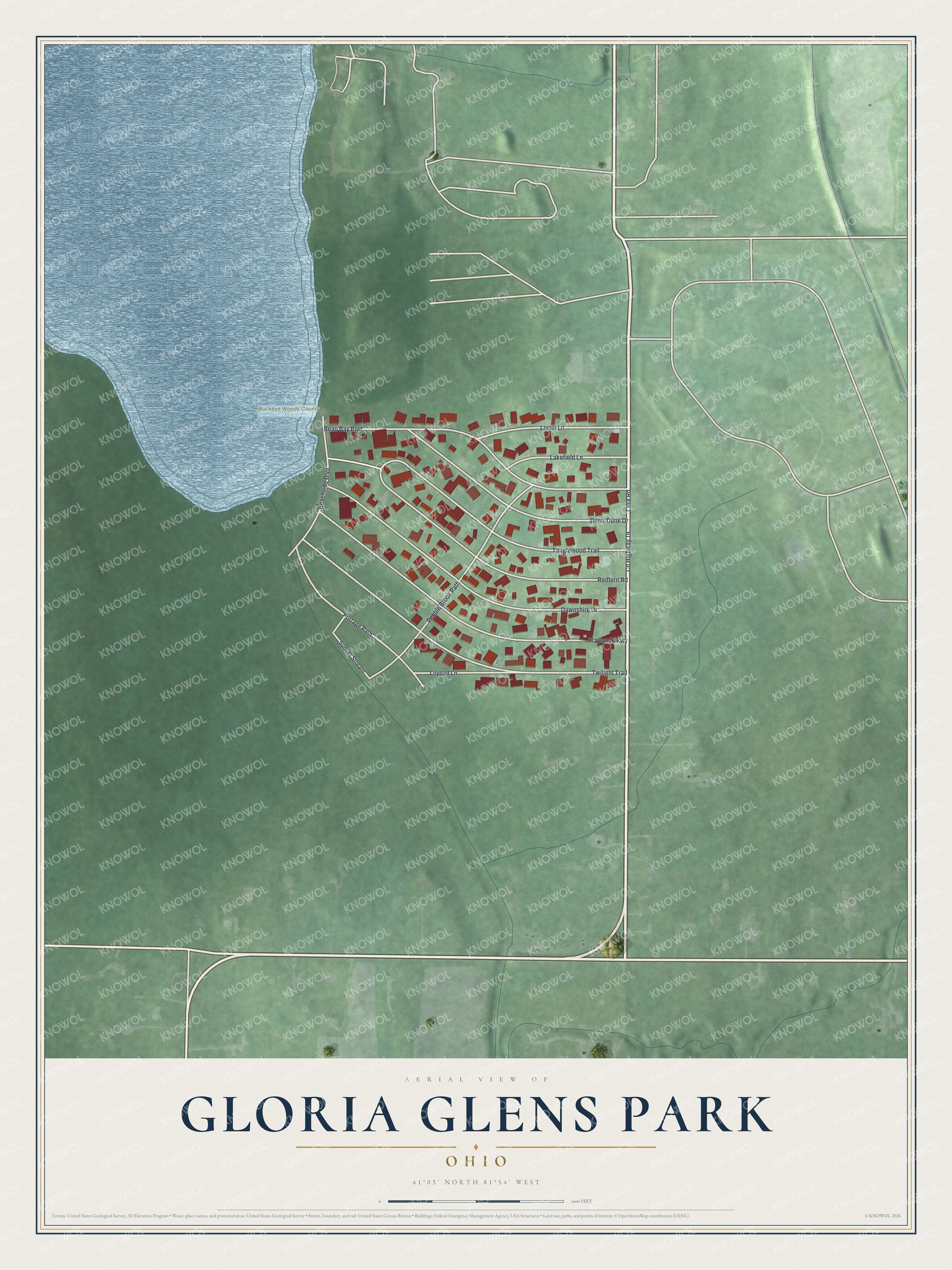 Full map of Gloria Glens Park, Ohio, with red buildings, printed street names and the land around them