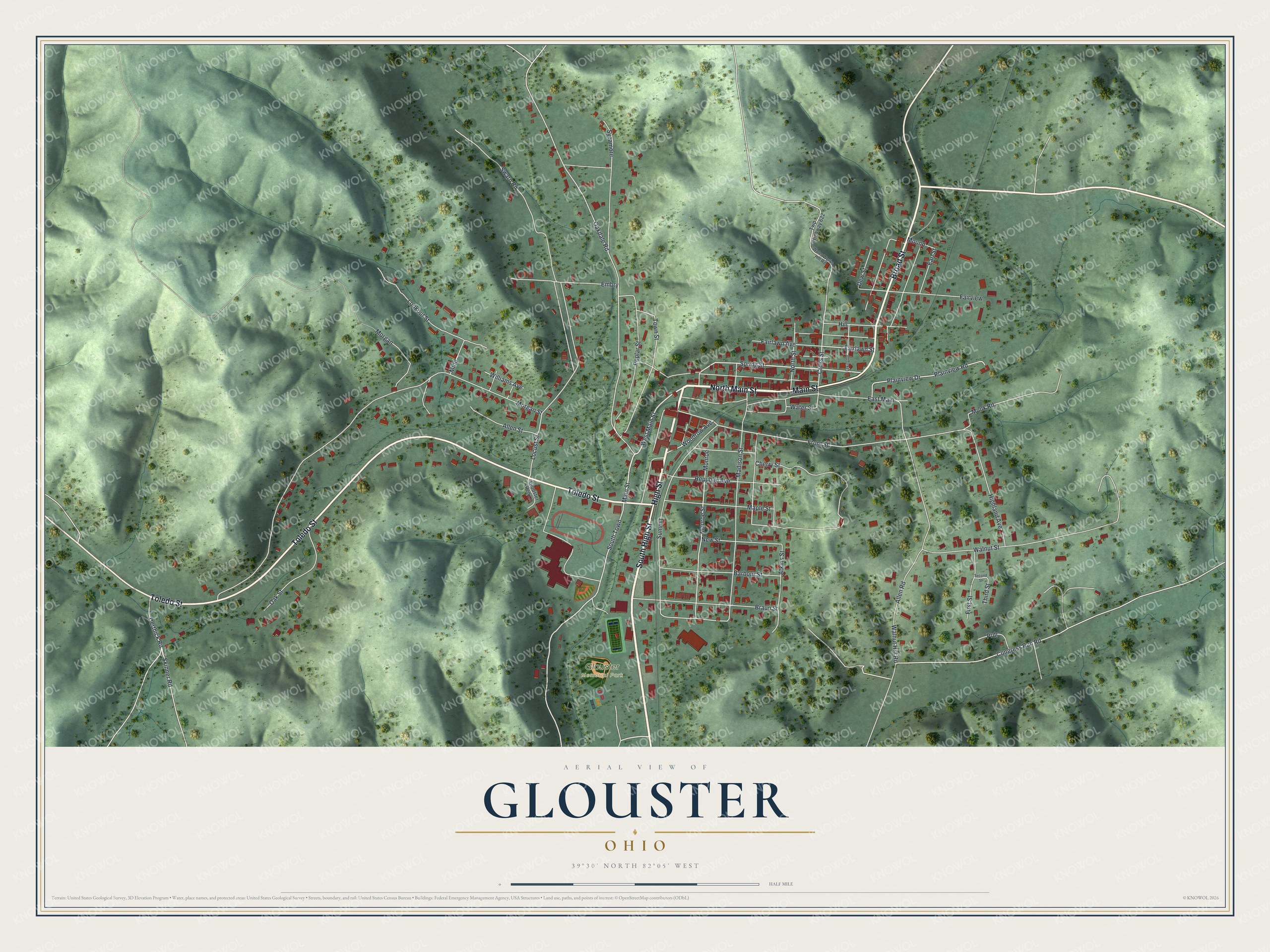 Full map of Glouster, Ohio, with red buildings, printed street names and the land around them