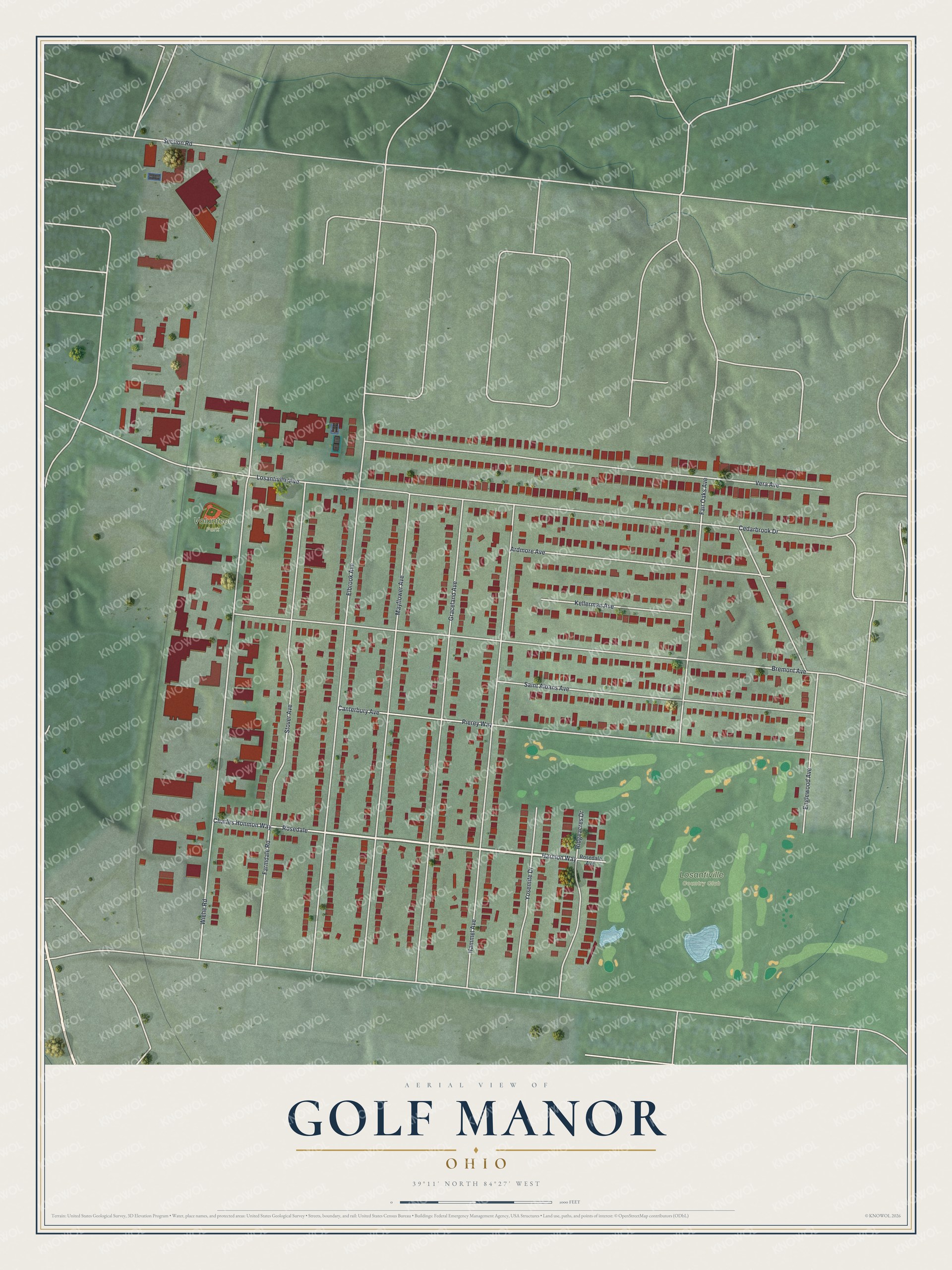 Full map of Golf Manor, Ohio, with red buildings, printed street names and the land around them