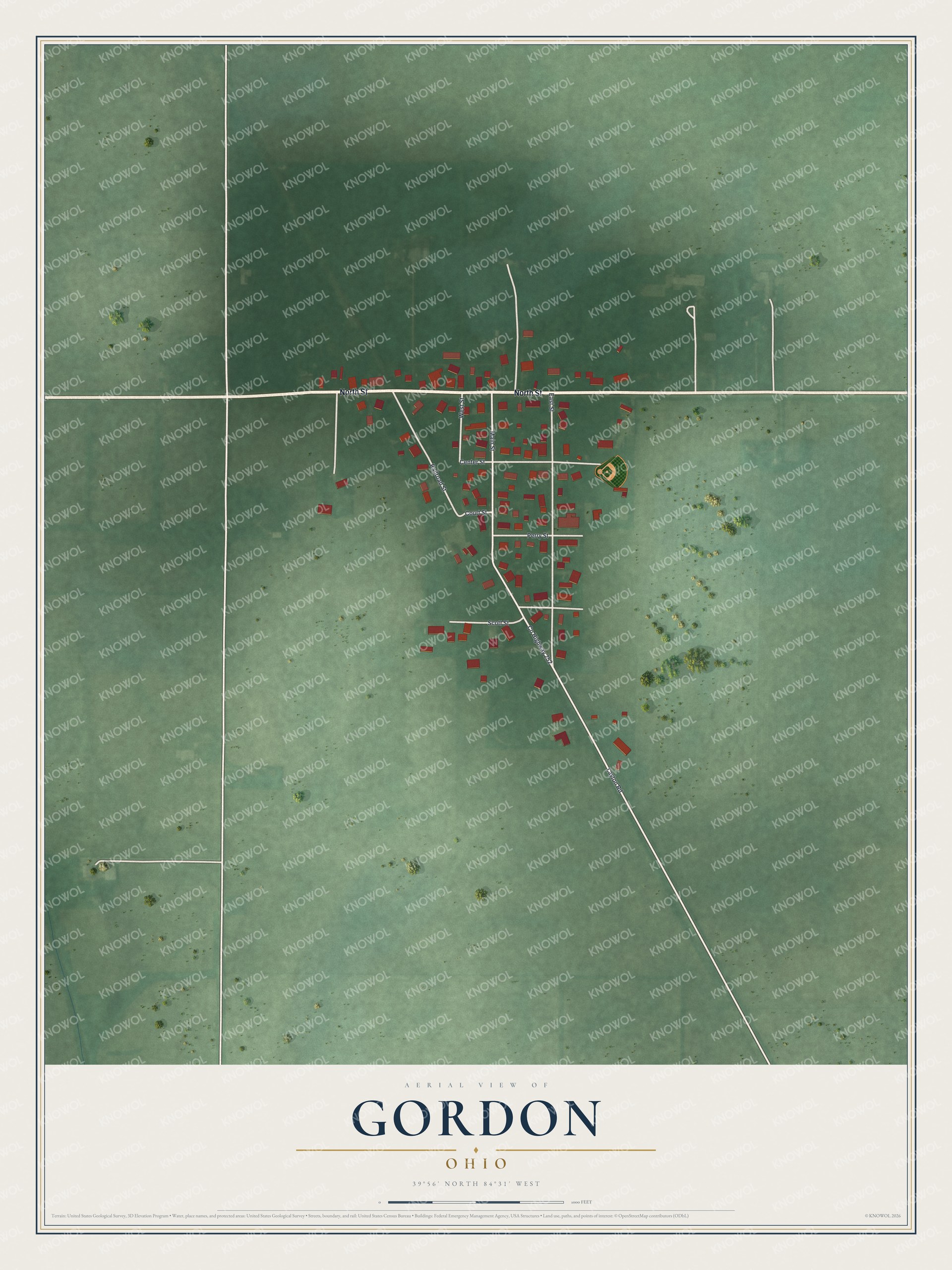 Full map of Gordon, Ohio, with red buildings, printed street names and the land around them