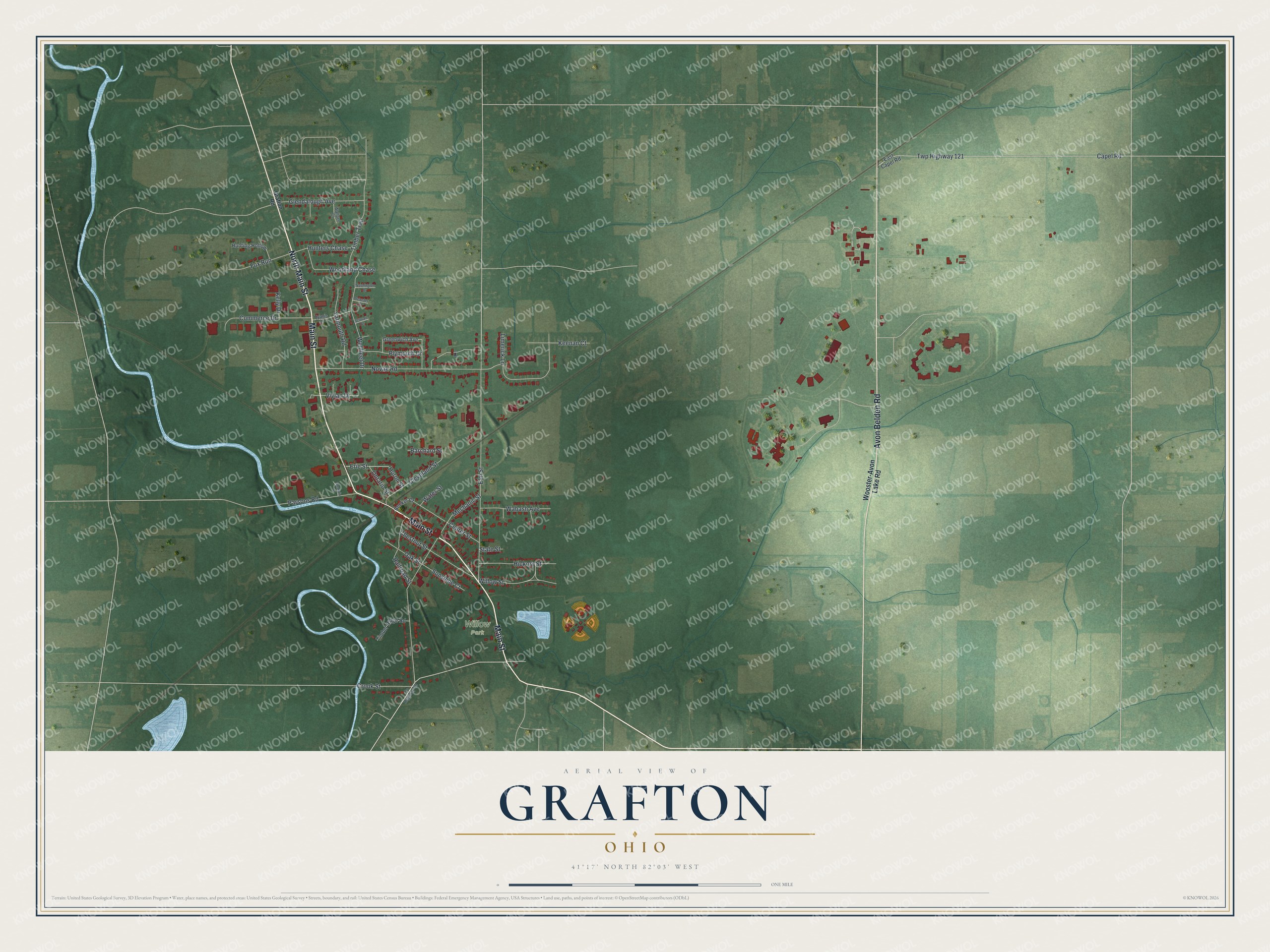 Full map of Grafton, Ohio, with red buildings, printed street names and the land around them