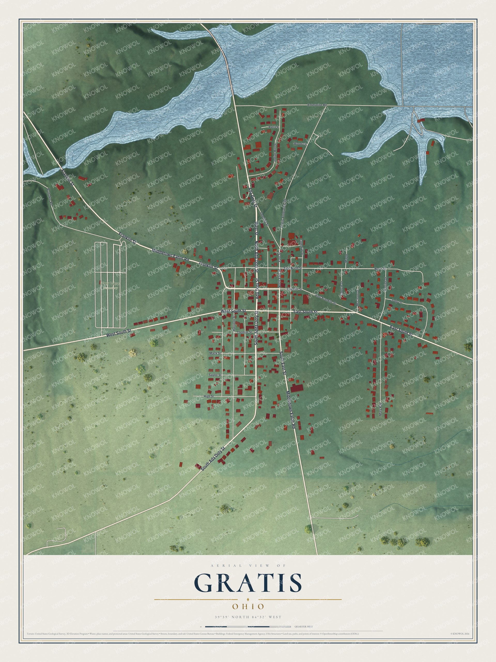 Full map of Gratis, Ohio, with red buildings, printed street names and the land around them
