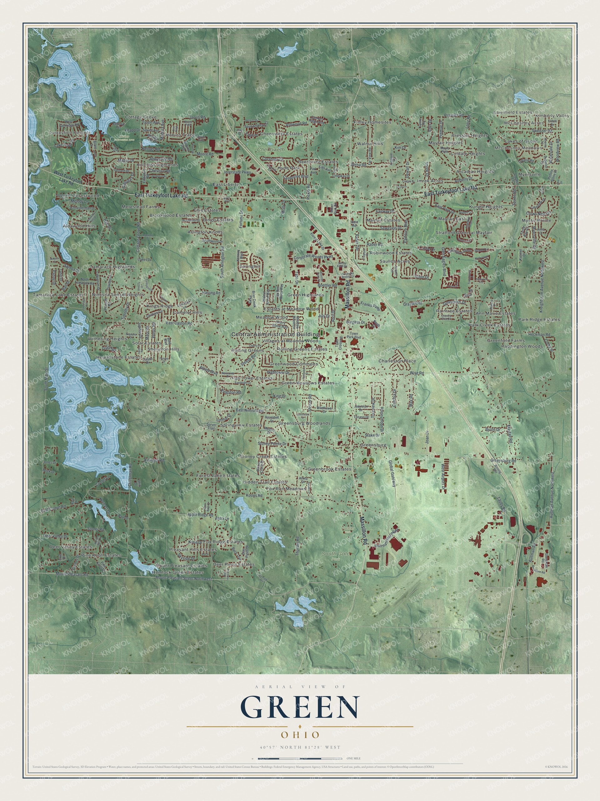 Full map of Green, Ohio, with red buildings, printed street names and the land around them