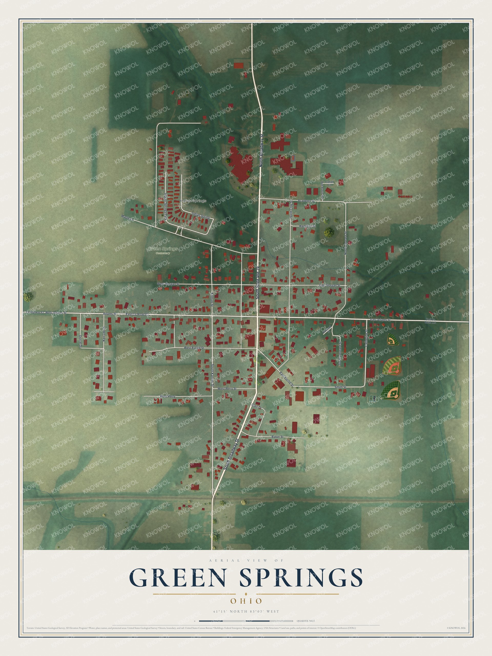 Full map of Green Springs, Ohio, with red buildings, printed street names and the land around them