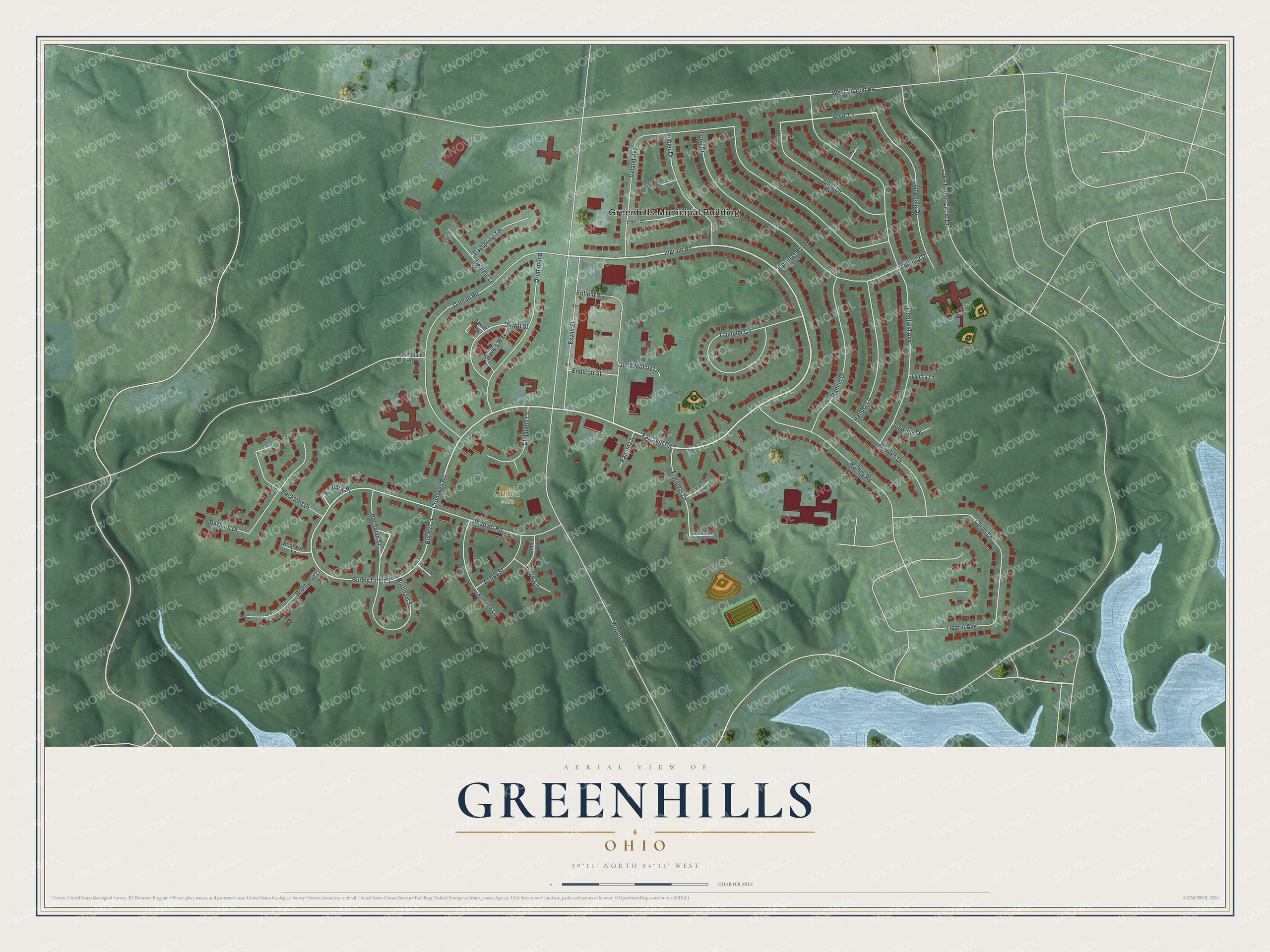 Full map of Greenhills, Ohio, with red buildings, printed street names and the land around them