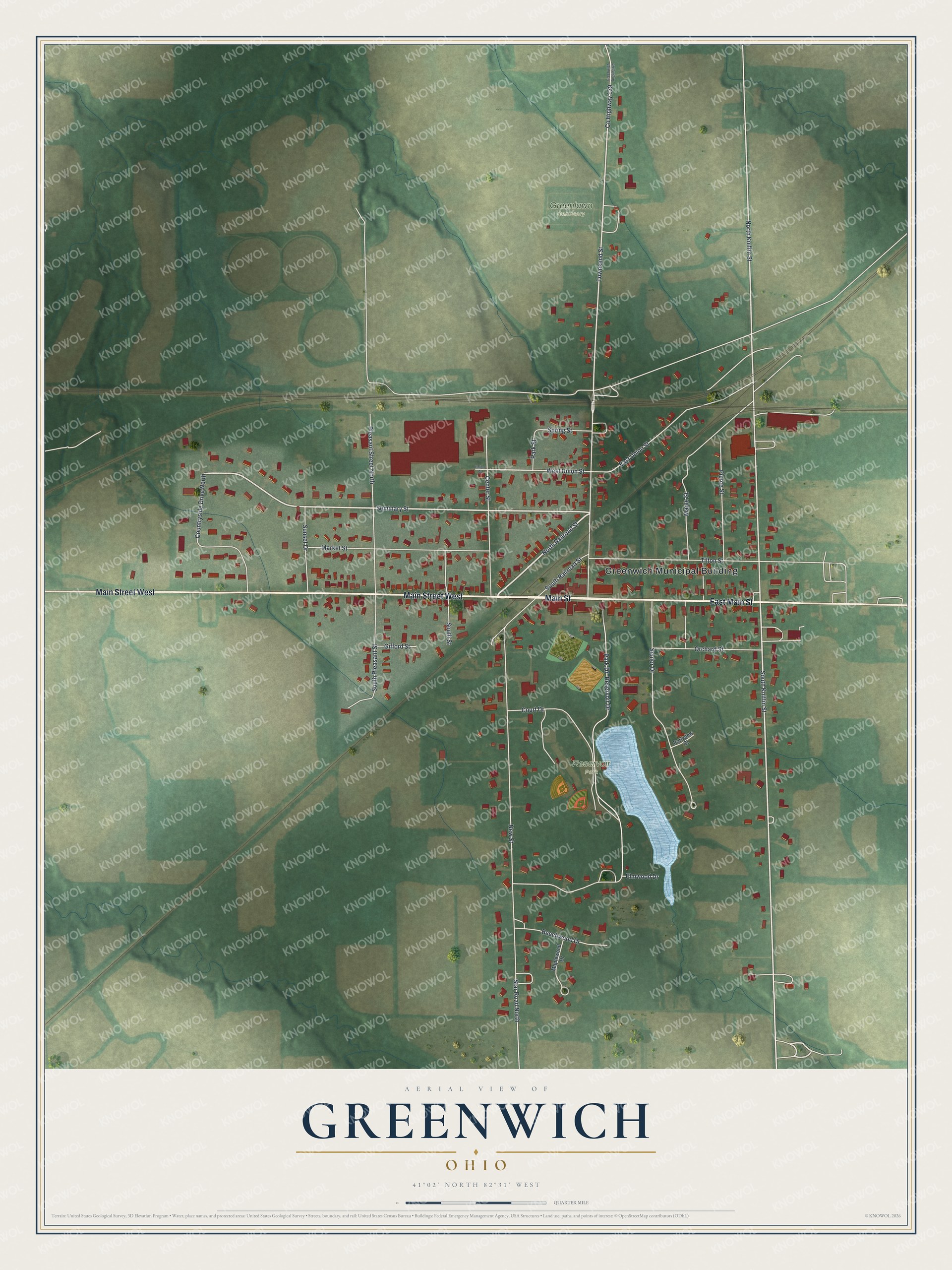 Full map of Greenwich, Ohio, with red buildings, printed street names and the land around them