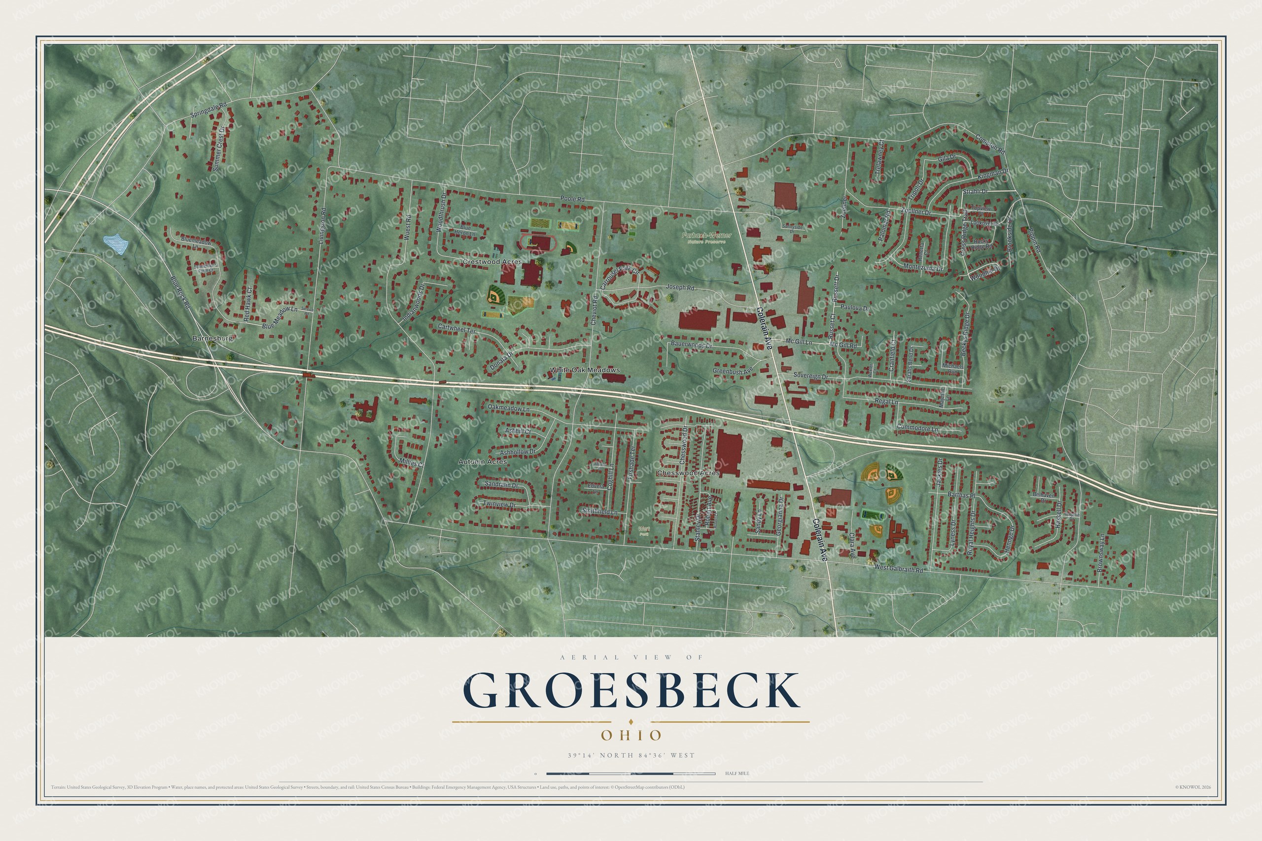 Full map of Groesbeck, Ohio, with red buildings, printed street names and the land around them