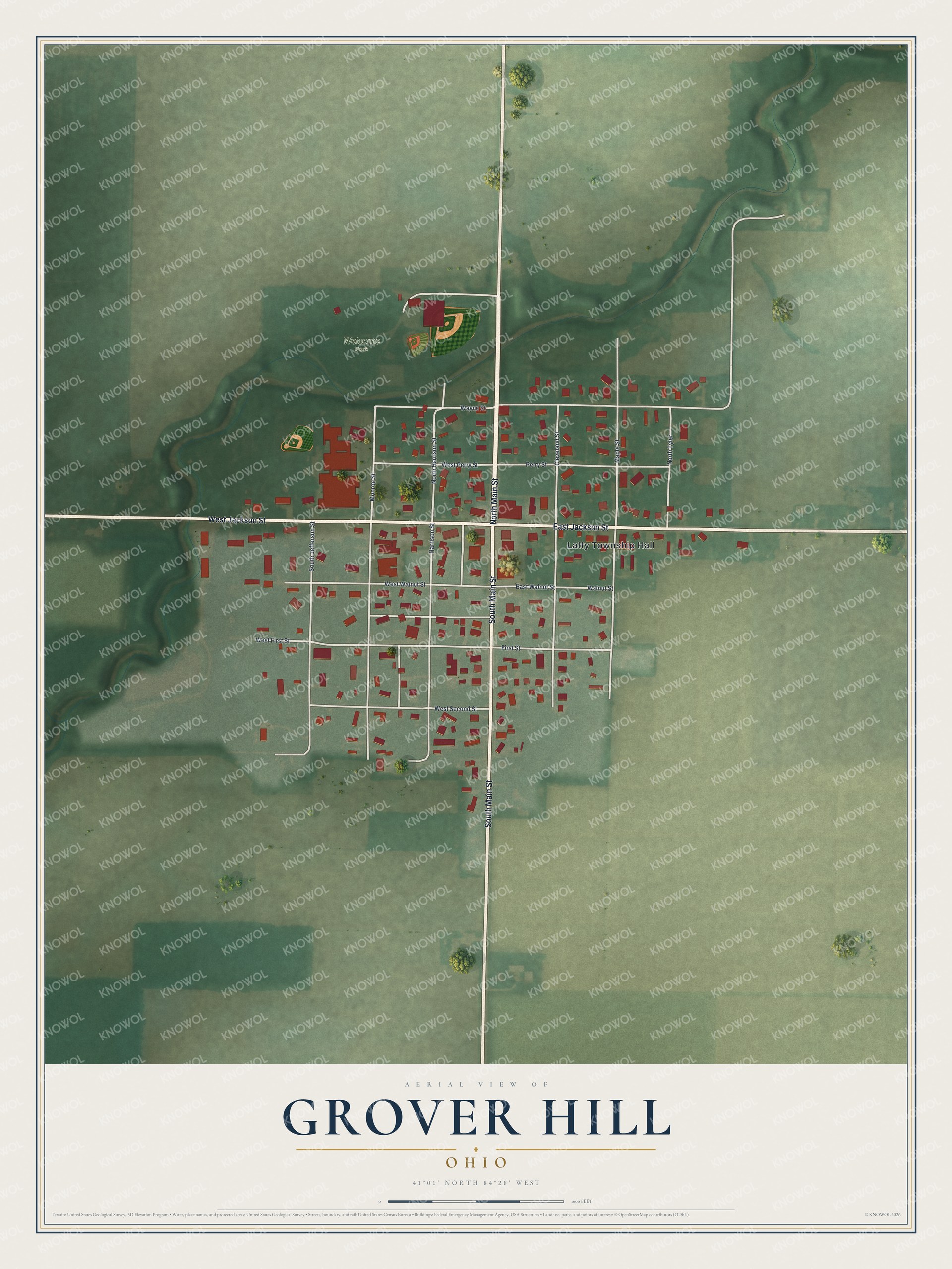 Full map of Grover Hill, Ohio, with red buildings, printed street names and the land around them