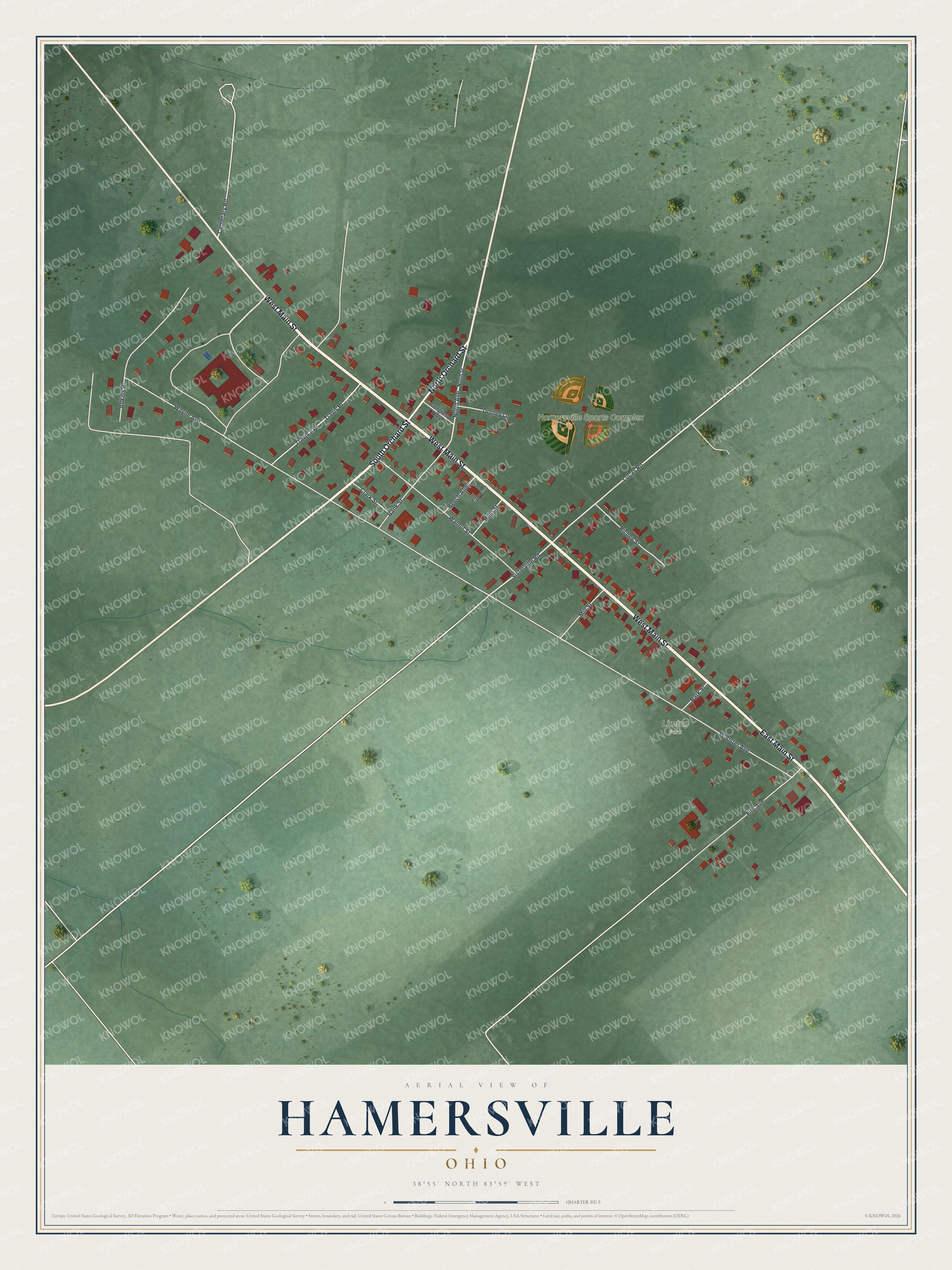 Full map of Hamersville, Ohio, with red buildings, printed street names and the land around them