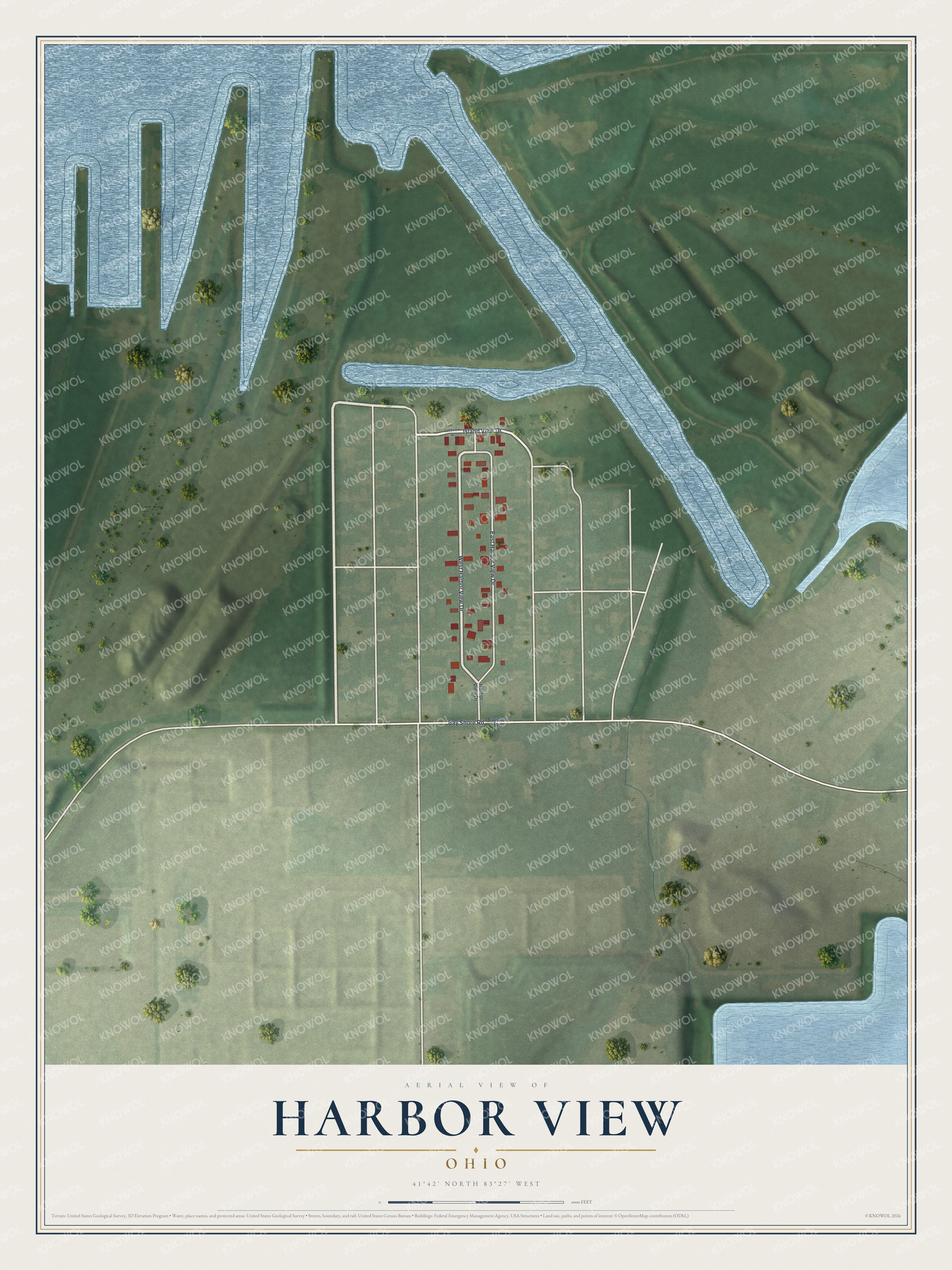 Full map of Harbor View, Ohio, with red buildings, printed street names and the land around them