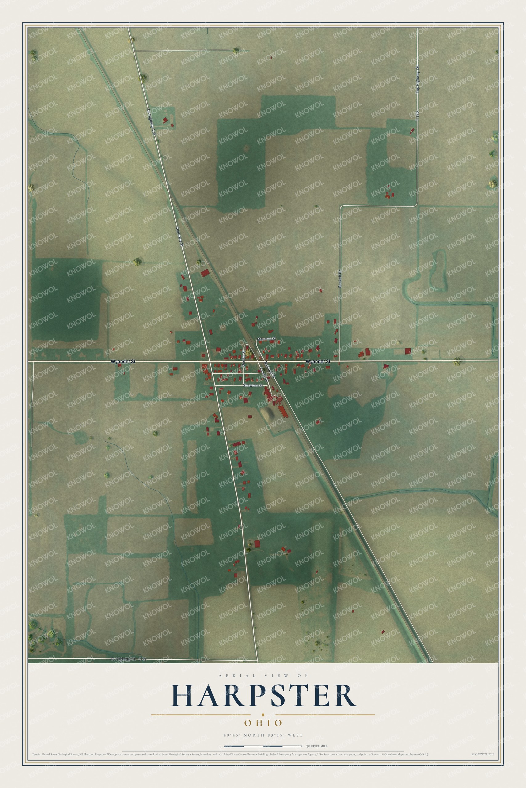 Full map of Harpster, Ohio, with red buildings, printed street names and the land around them