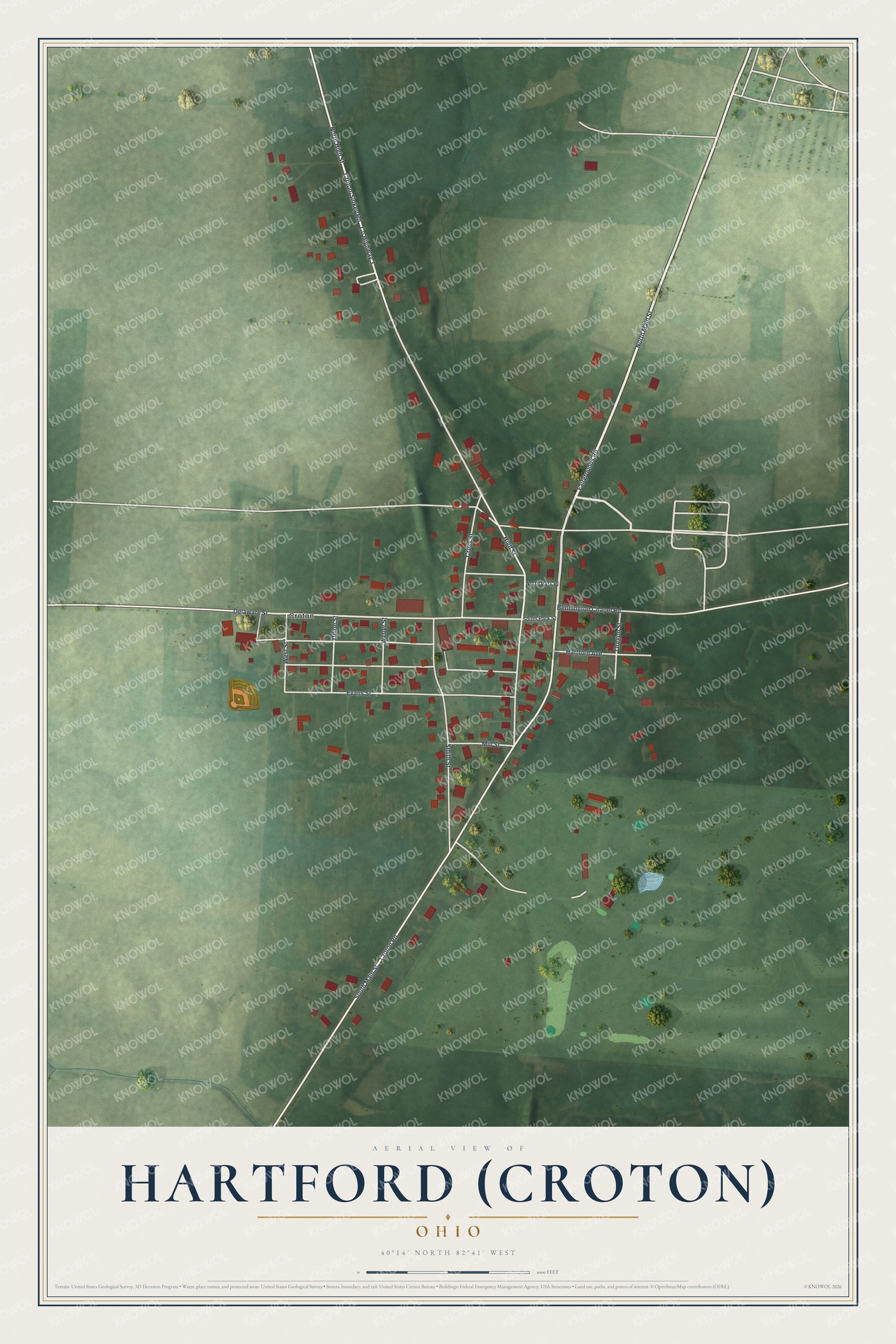 Full map of Hartford (Croton), Ohio, with red buildings, printed street names and the land around them