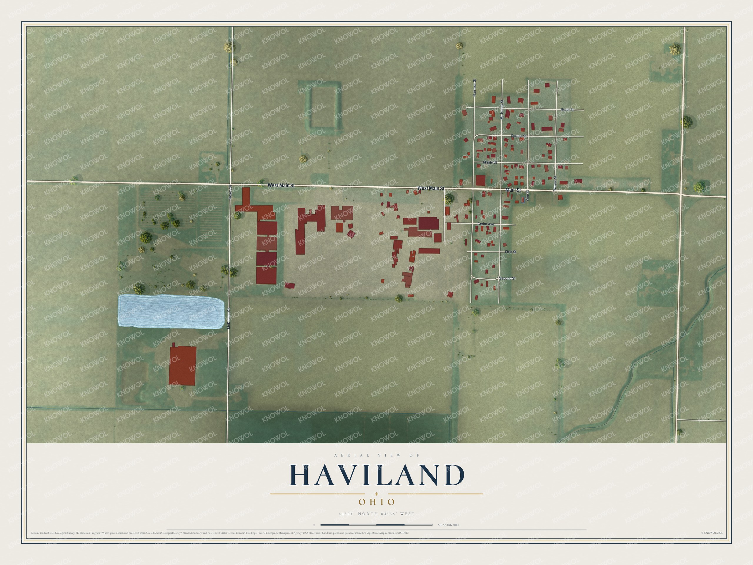 Full map of Haviland, Ohio, with red buildings, printed street names and the land around them