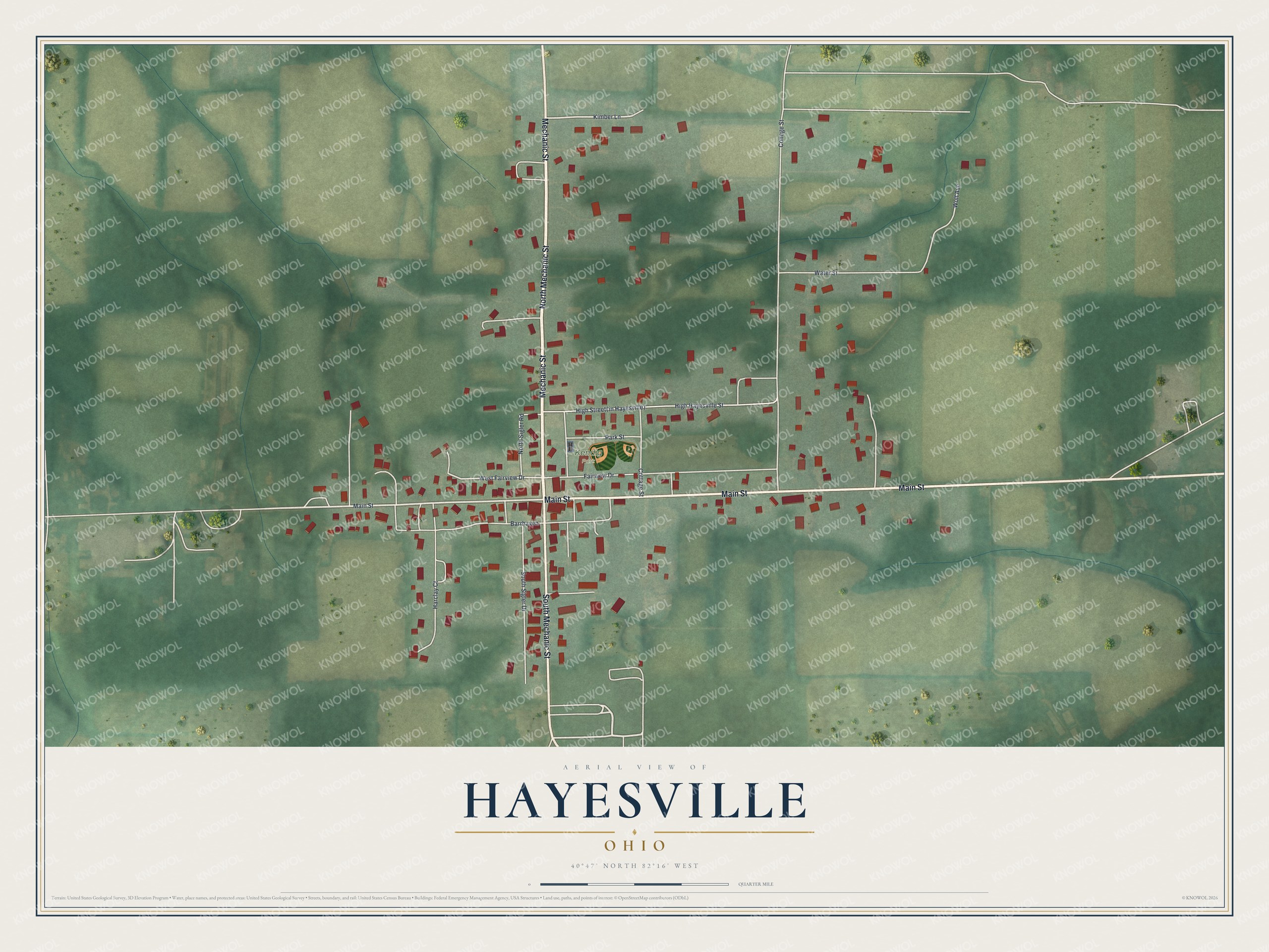 Aerial map of Hayesville, Ohio, with red buildings along Main Street and Mechanic Street amid green fields above a cream title panel