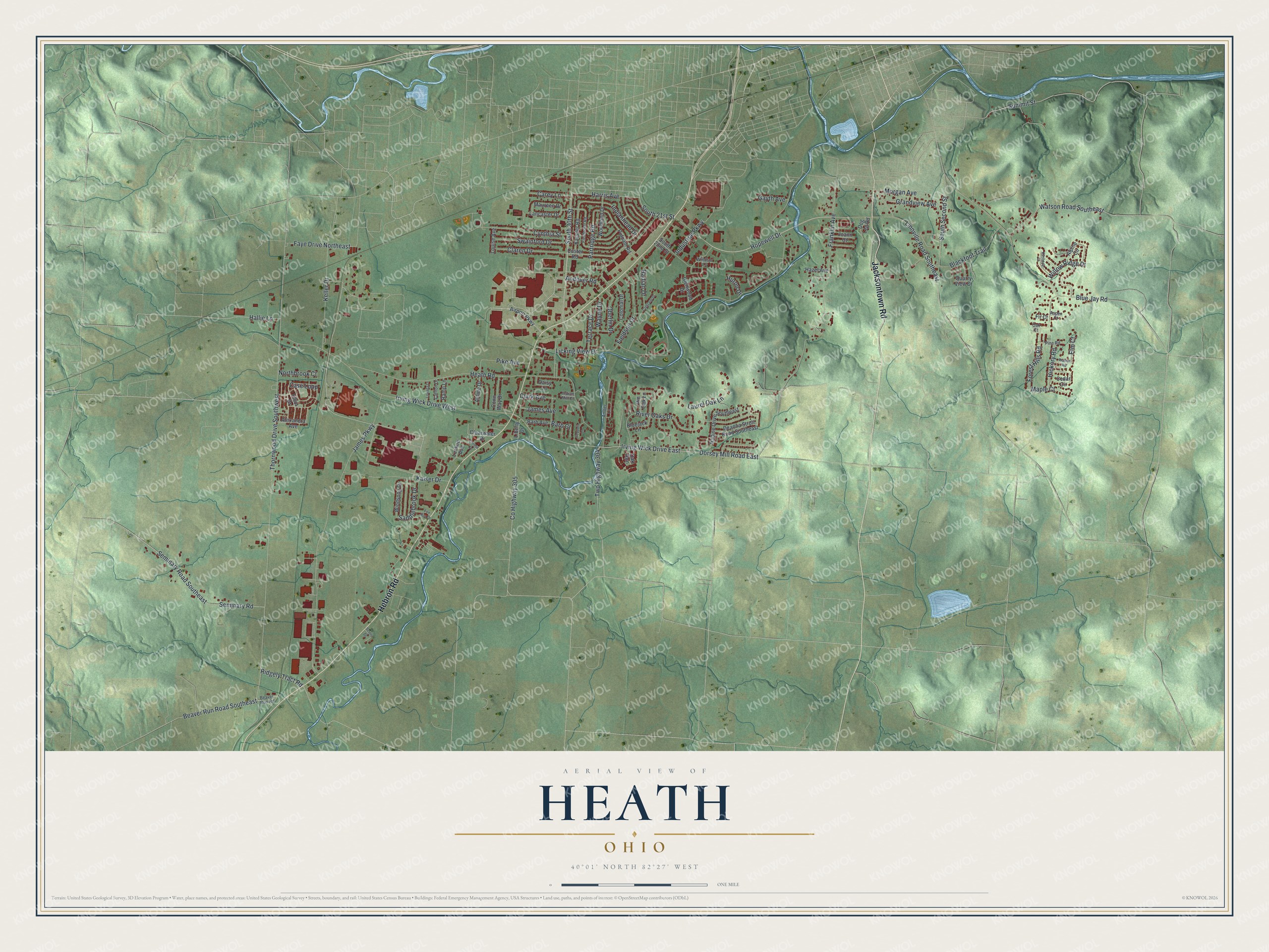 Full map of Heath, Ohio, with red buildings, printed street names and the land around them