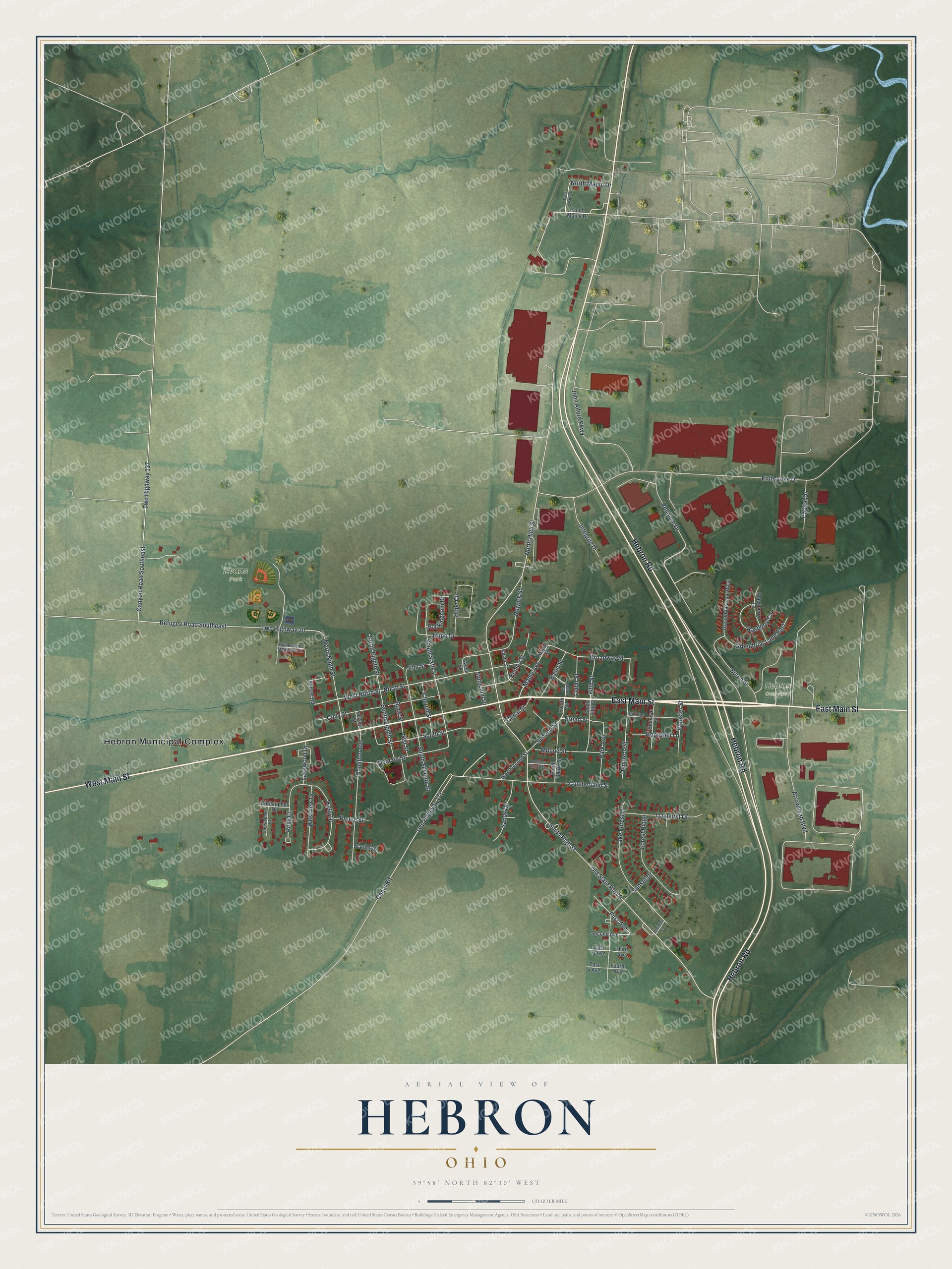 Full aerial map of Hebron, Ohio, with red buildings, green fields, pale roads and a cream title panel