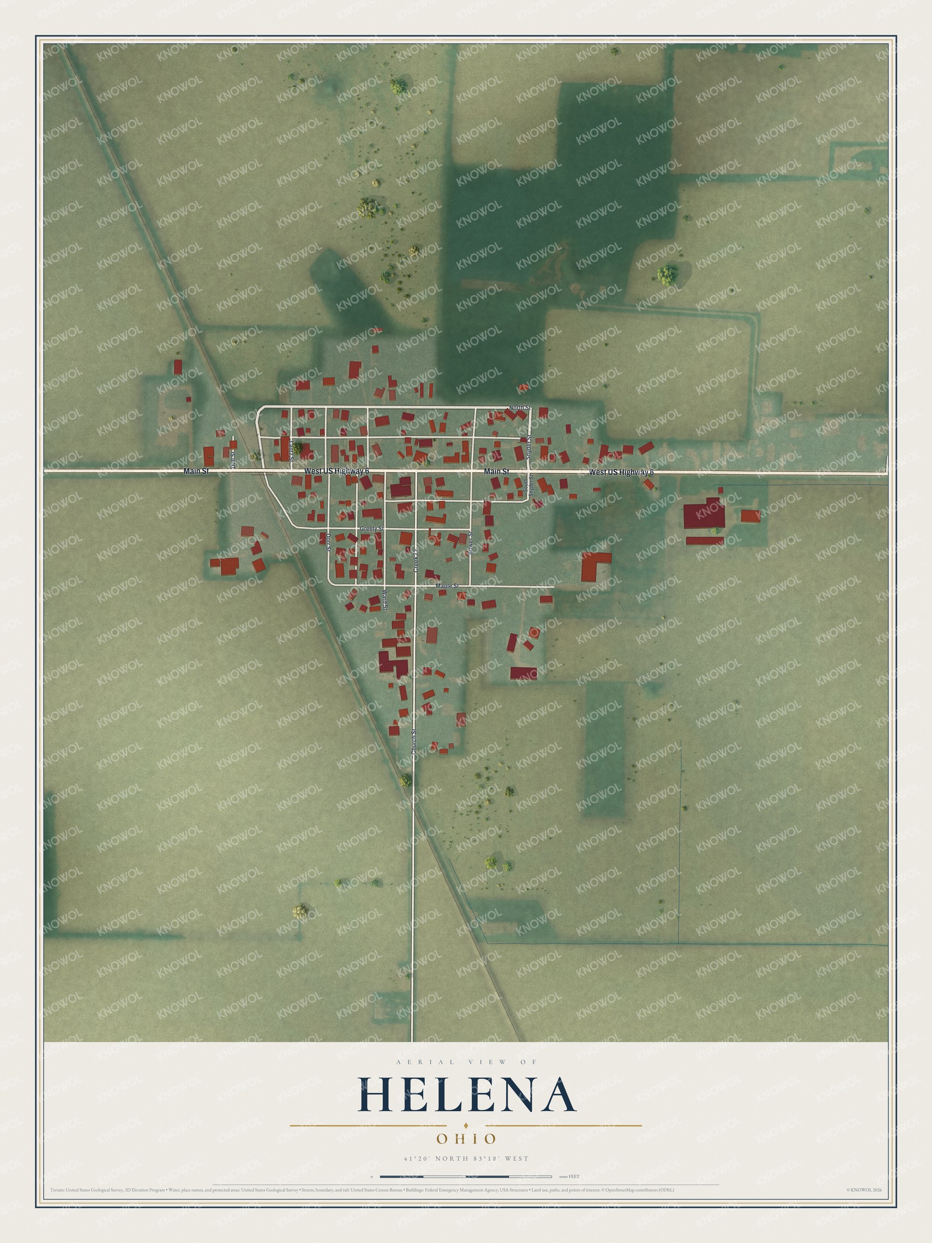 Full map of Helena, Ohio, with red buildings, printed street names and the land around them