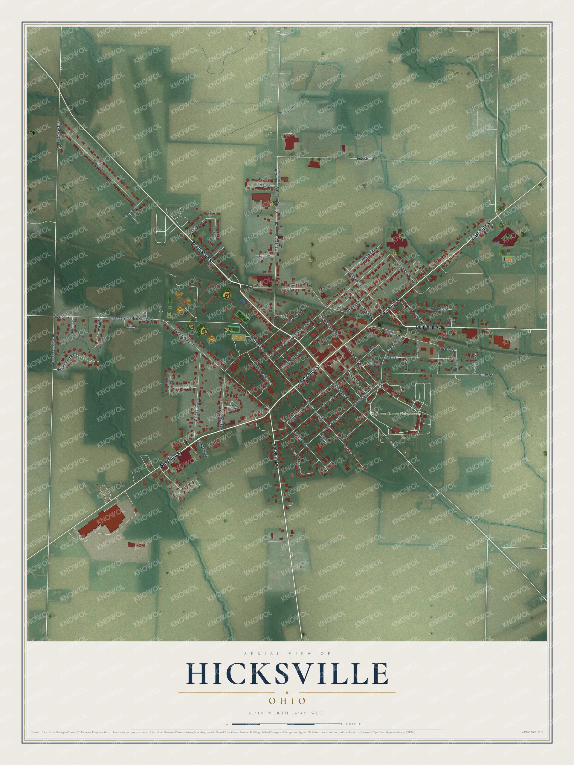 Full map of Hicksville, Ohio, with red buildings, printed street names and the land around them