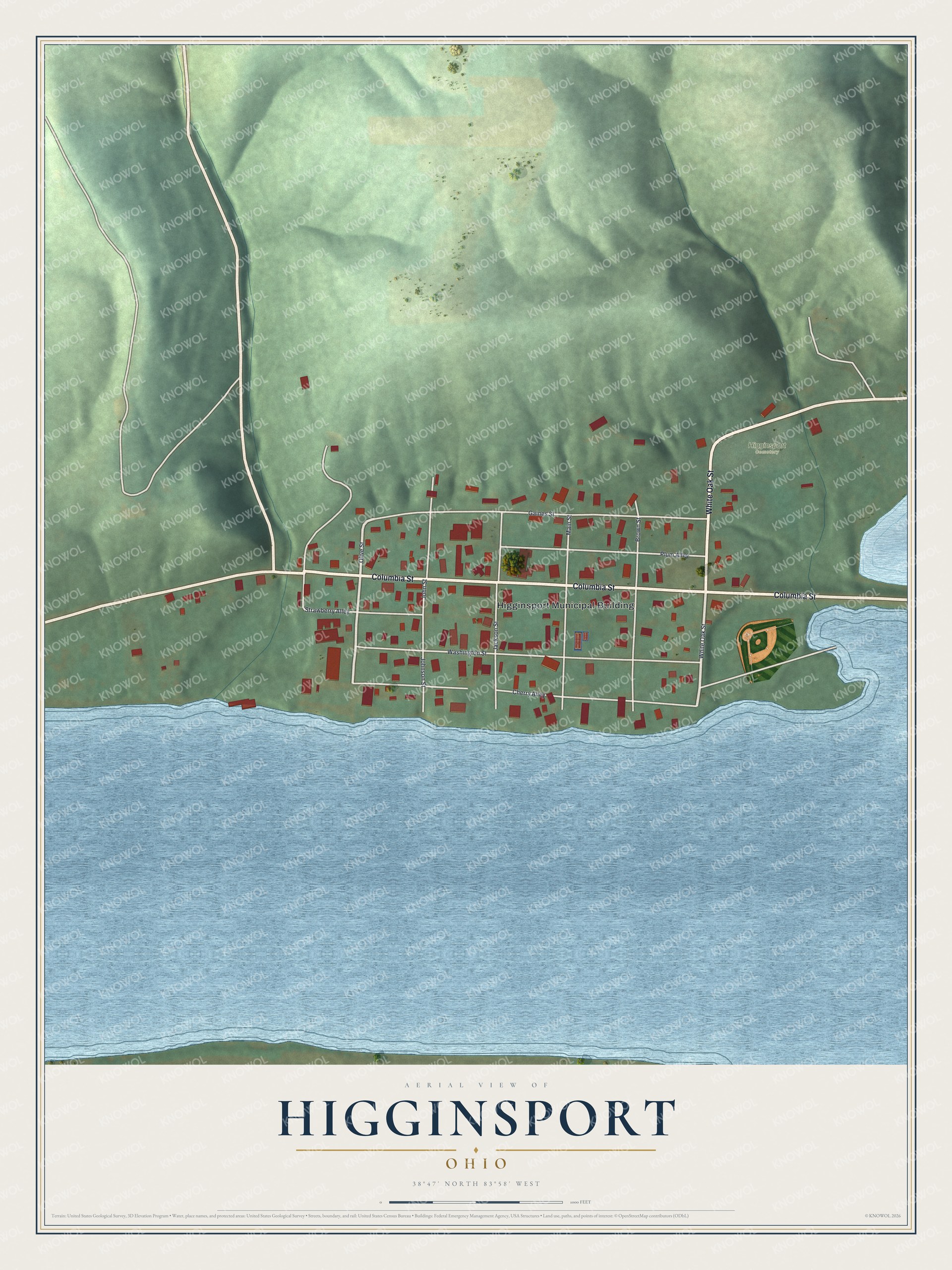 Full map of Higginsport, Ohio, with red buildings, printed street names and the land around them