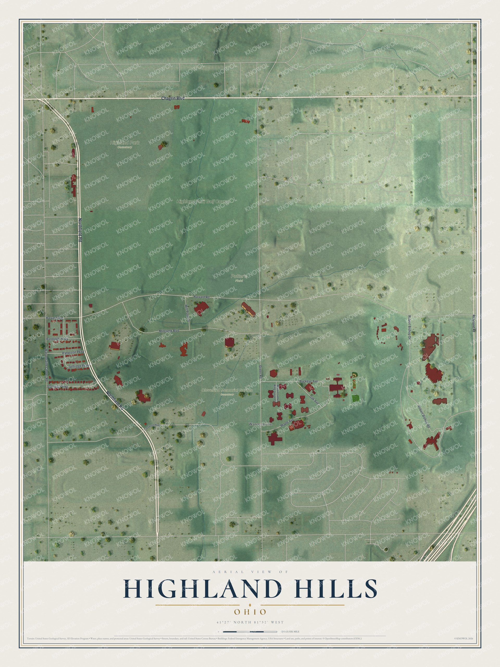 Full map of Highland Hills, Ohio, with red buildings, printed street names and the land around them