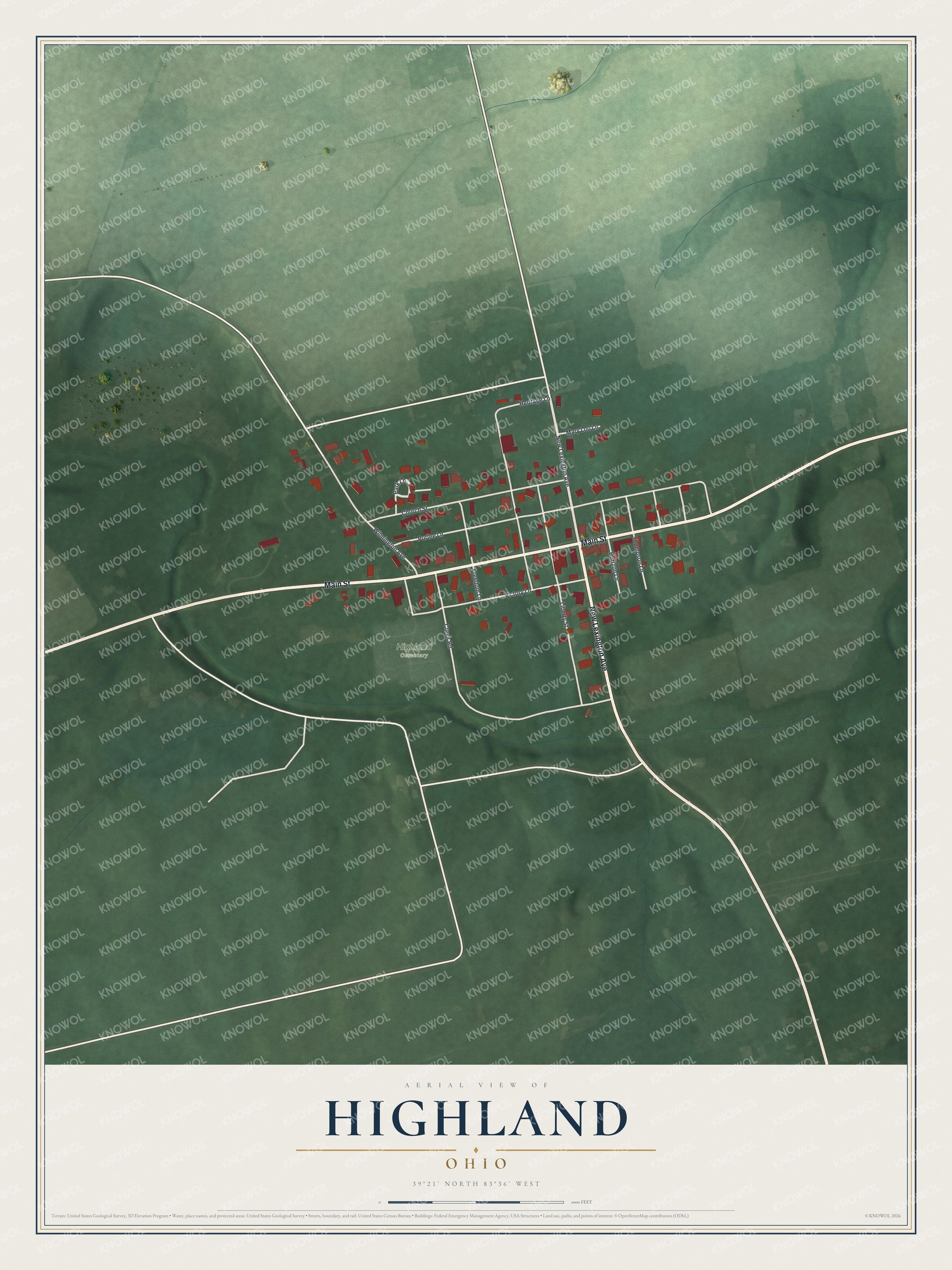 Full map of Highland, Ohio, with red buildings, printed street names and the land around them