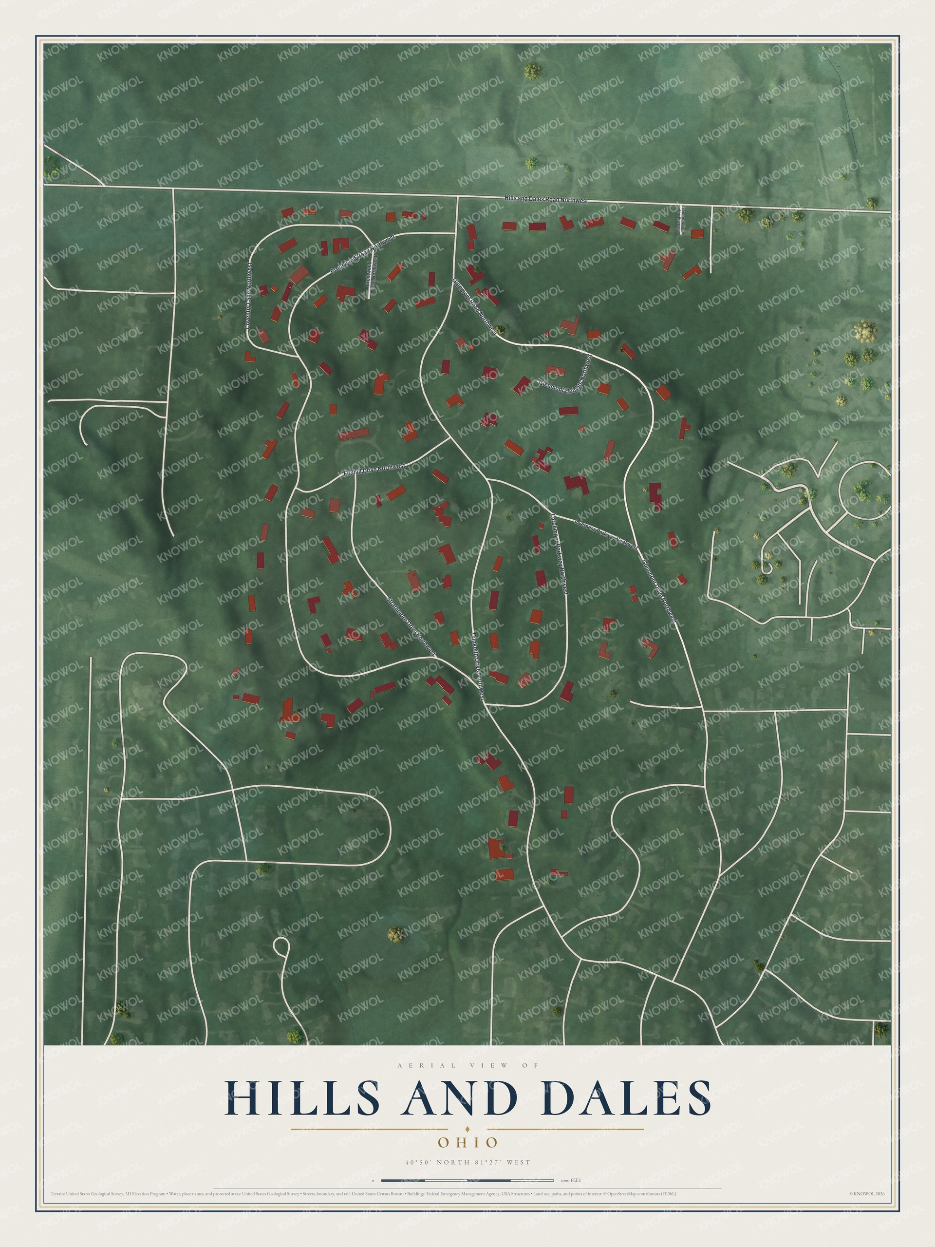 Full map of Hills and Dales, Ohio, with red buildings, printed street names and the land around them