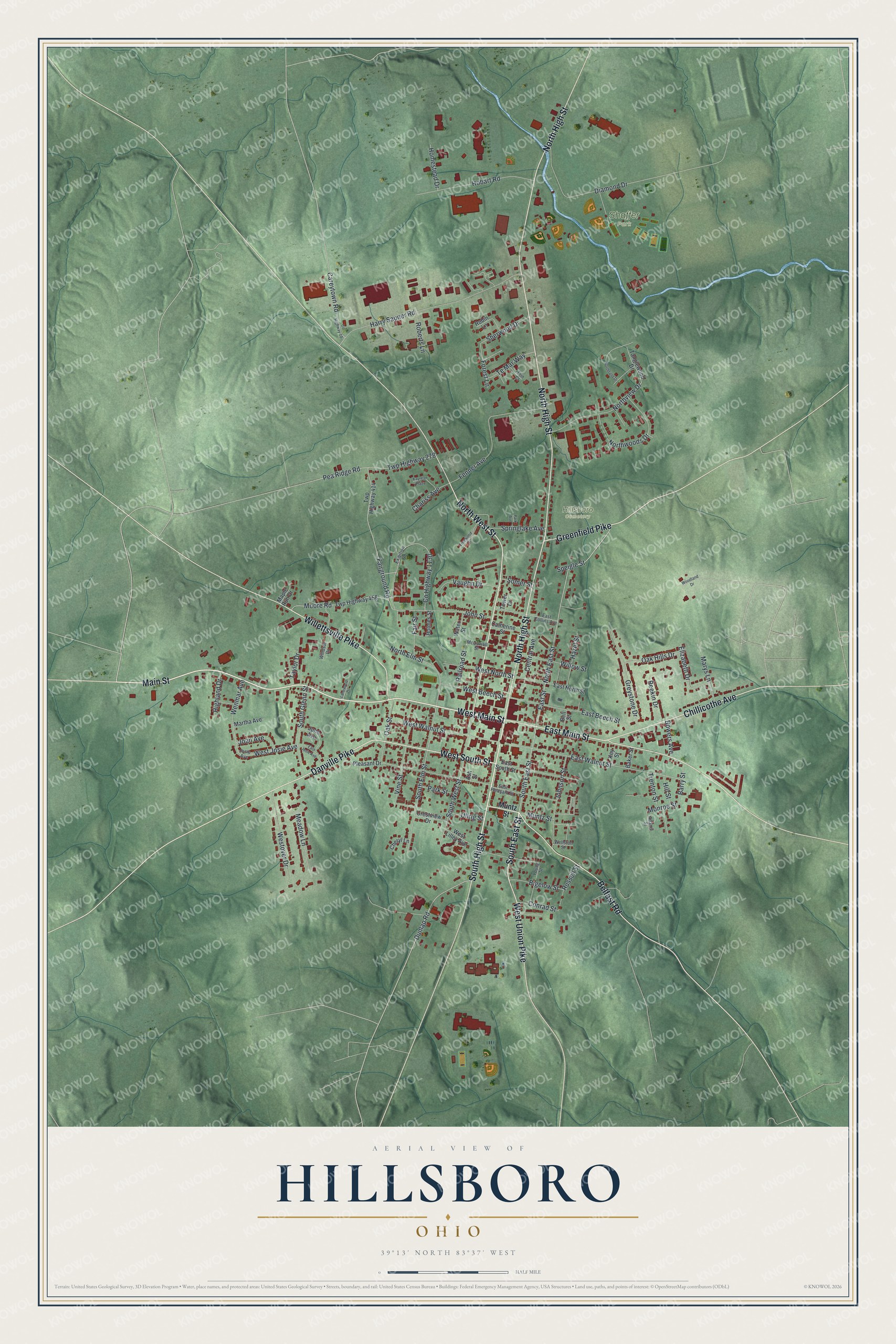 Aerial view map of Hillsboro, Ohio with green shaded hills, red buildings along Main Street and High Street, and a blue creek by Shaffer Park