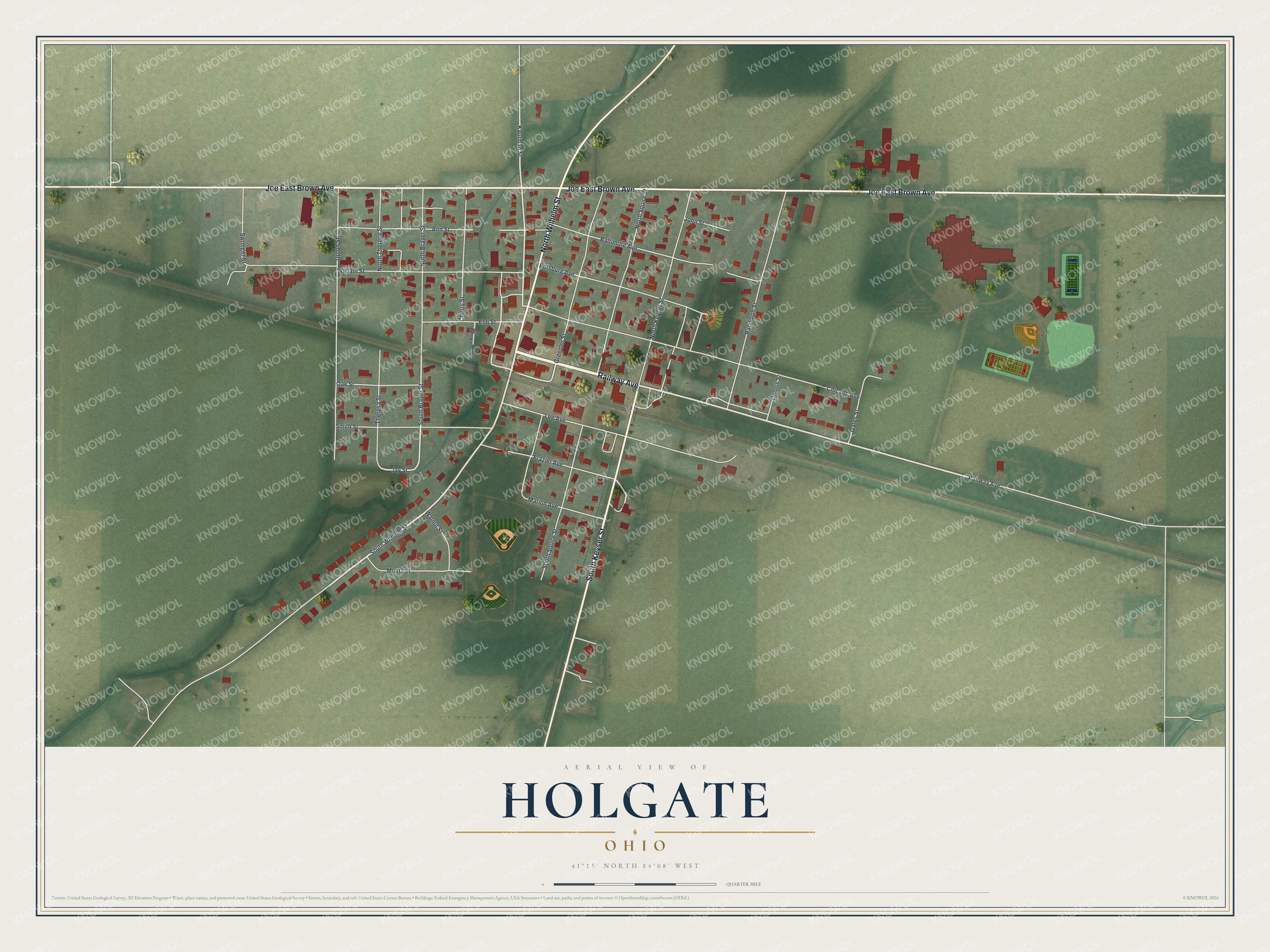 Full map of Holgate, Ohio, with red buildings, printed street names and the land around them