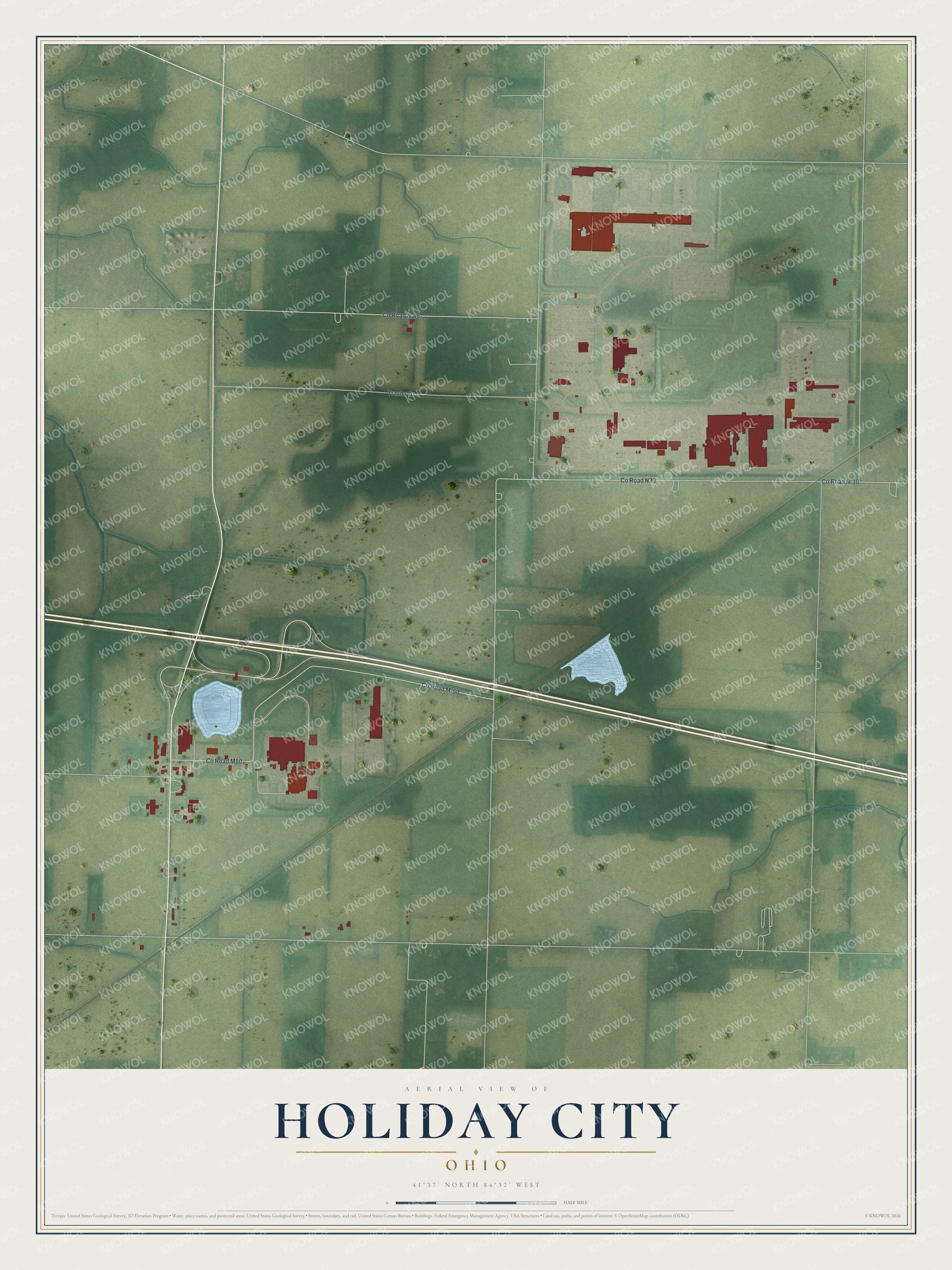 Full map of Holiday City, Ohio, with red buildings, printed street names and the land around them