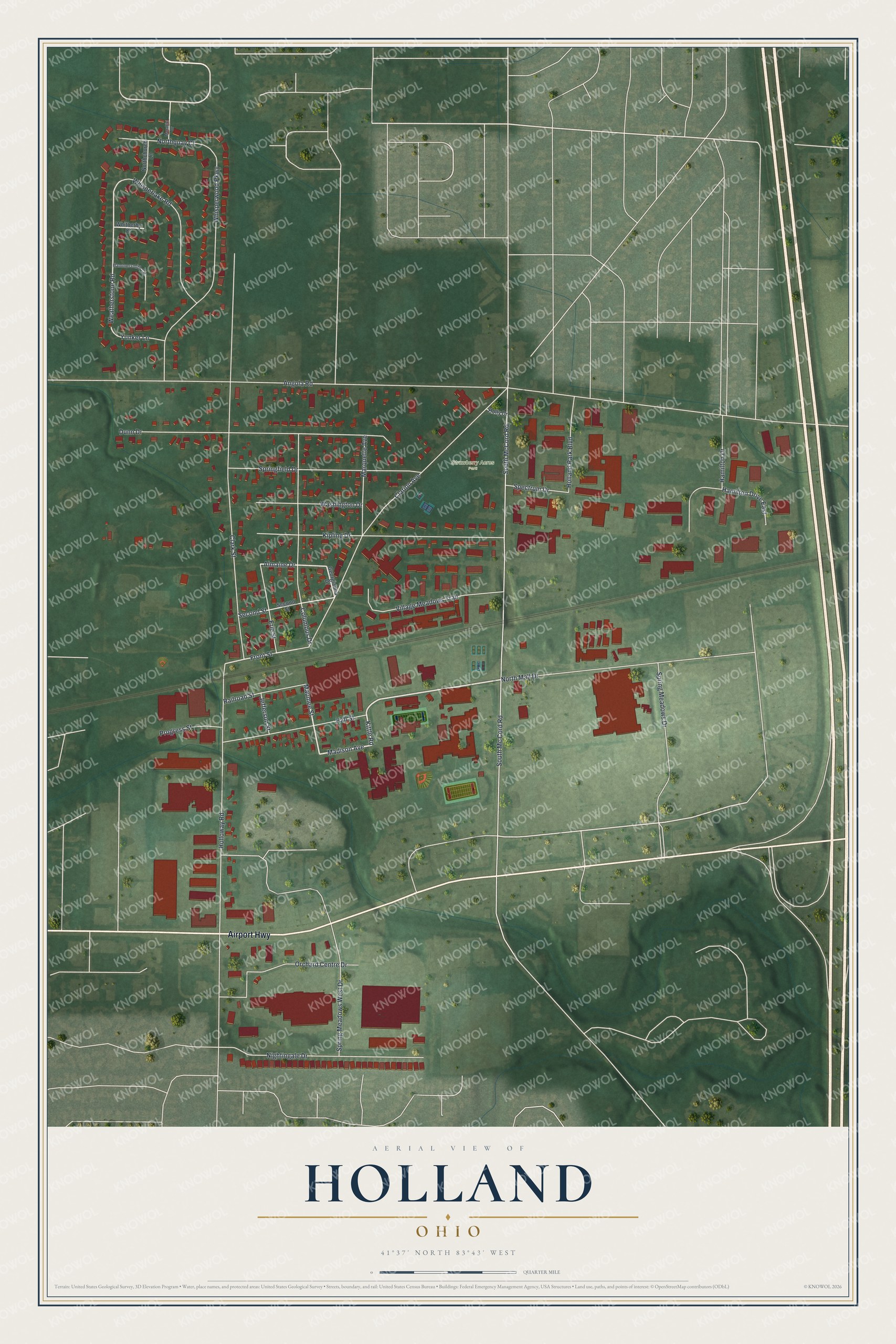 Full map of Holland, Ohio, with red buildings, printed street names and the land around them