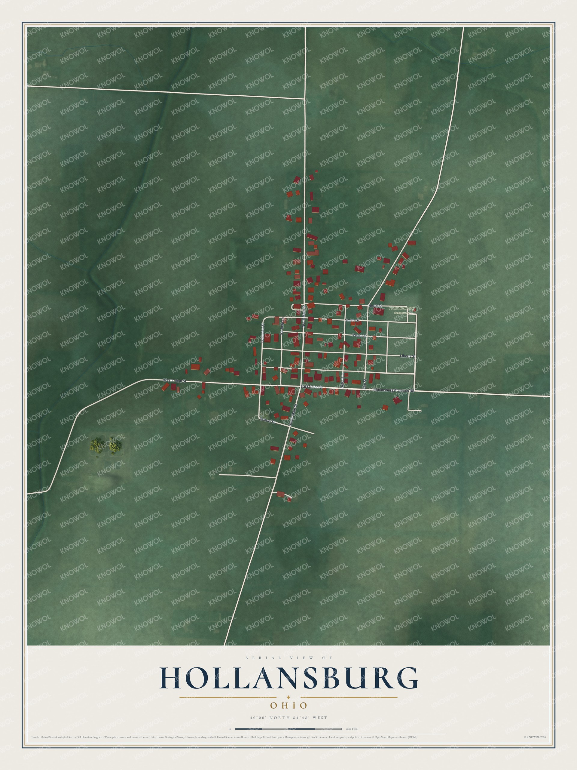 Full map of Hollansburg, Ohio, with red buildings, printed street names and the land around them