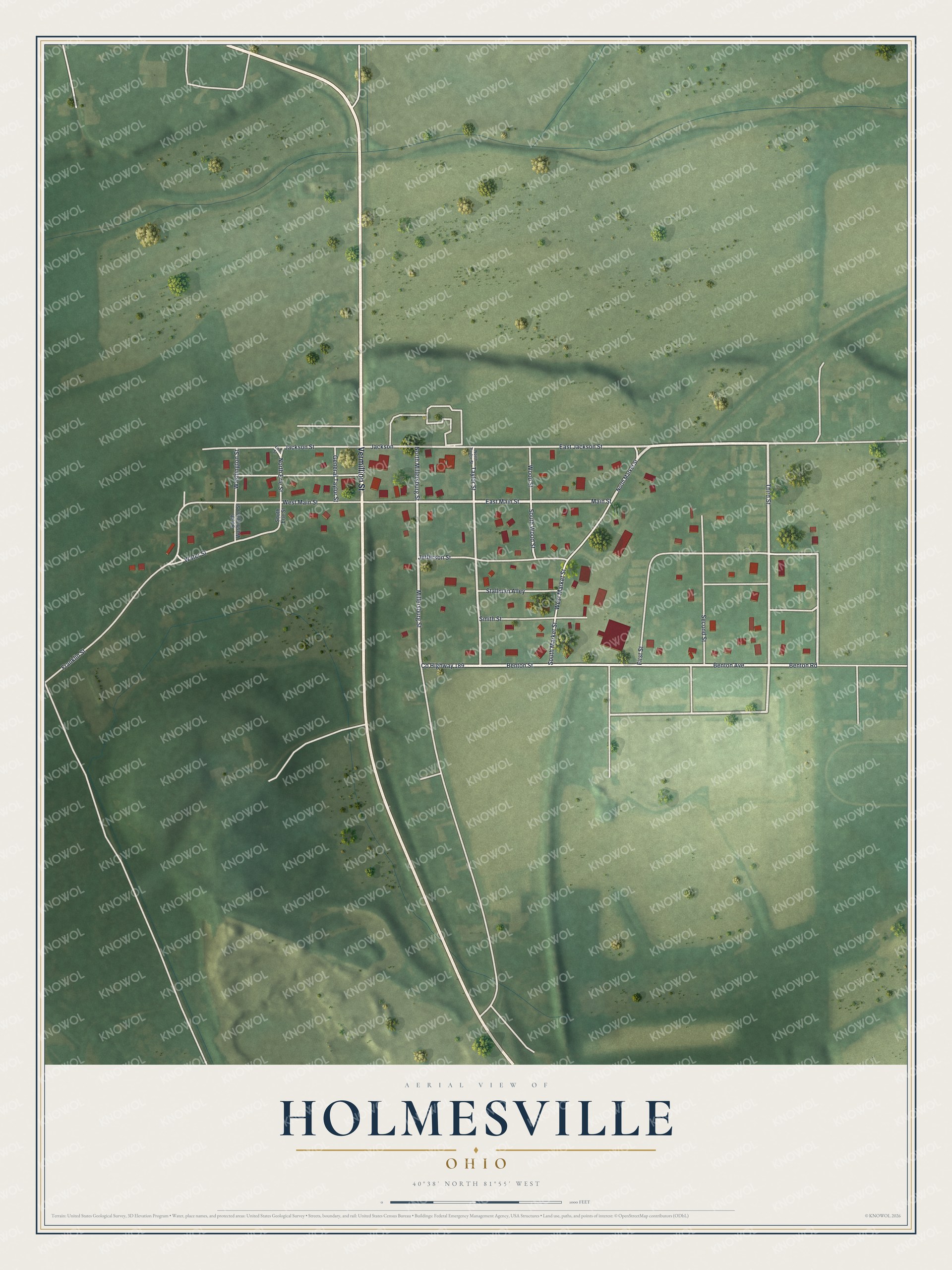 Full map of Holmesville, Ohio, with red buildings, printed street names and the land around them