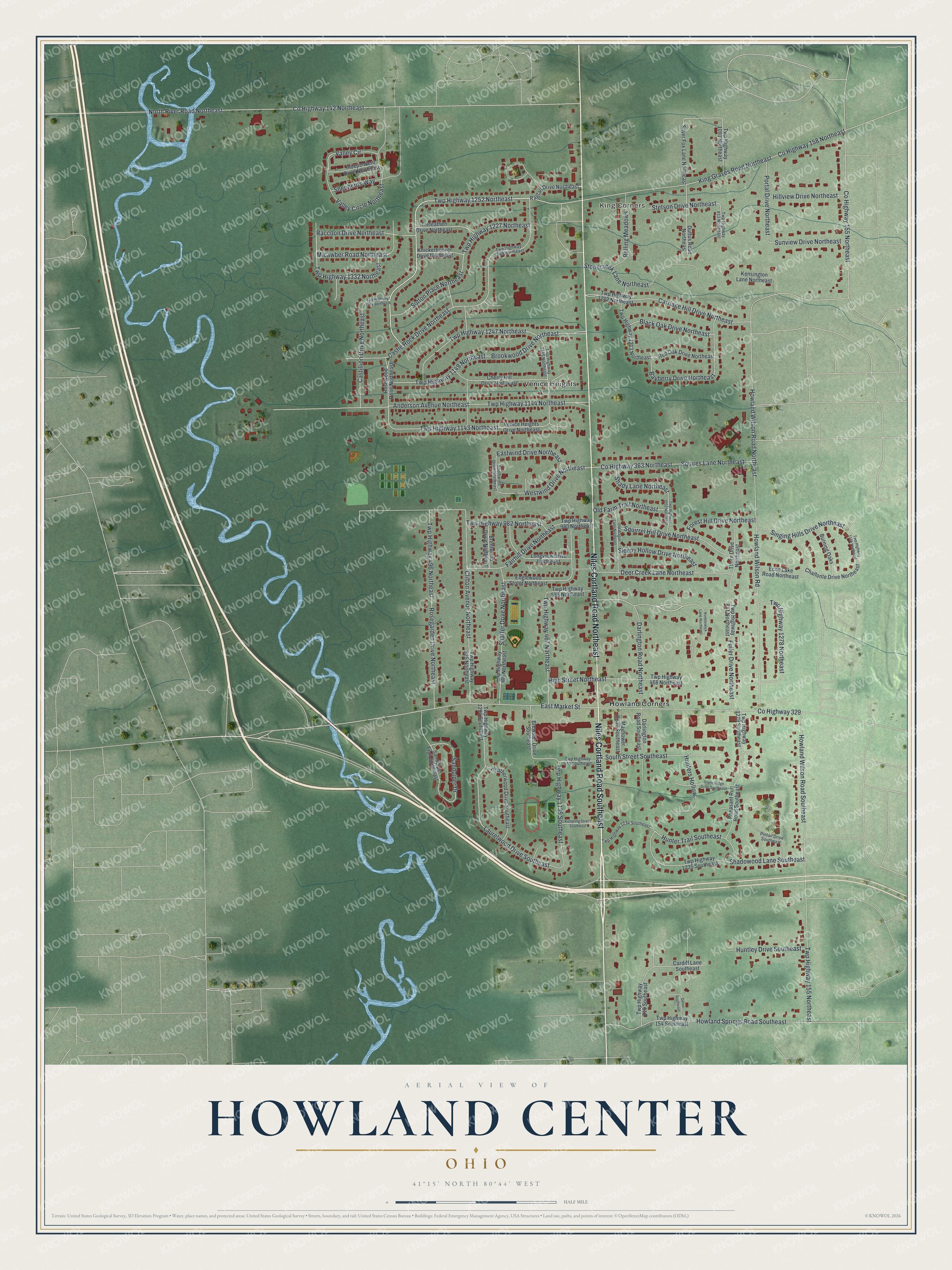 Full Howland Center, Ohio map with red buildings, green terrain, pale roads, a winding blue waterway and a cream title panel