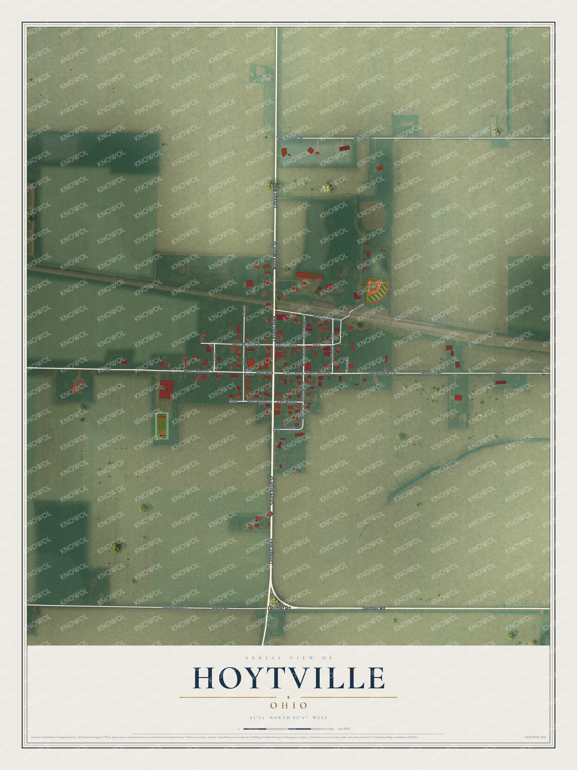 Full map of Hoytville, Ohio, with red buildings, printed street names and the land around them