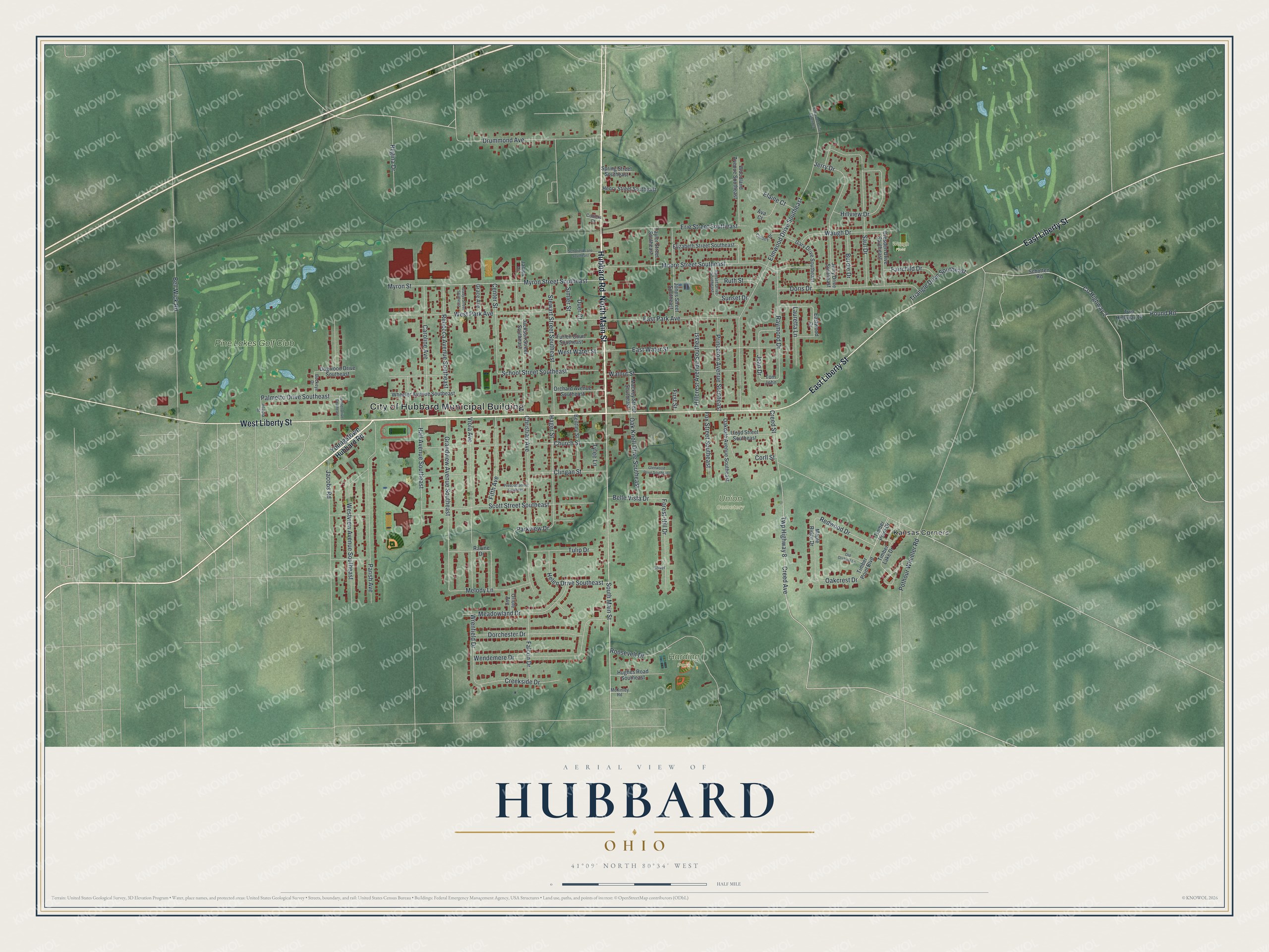 Full map of Hubbard, Ohio, with red buildings, printed street names and the land around them