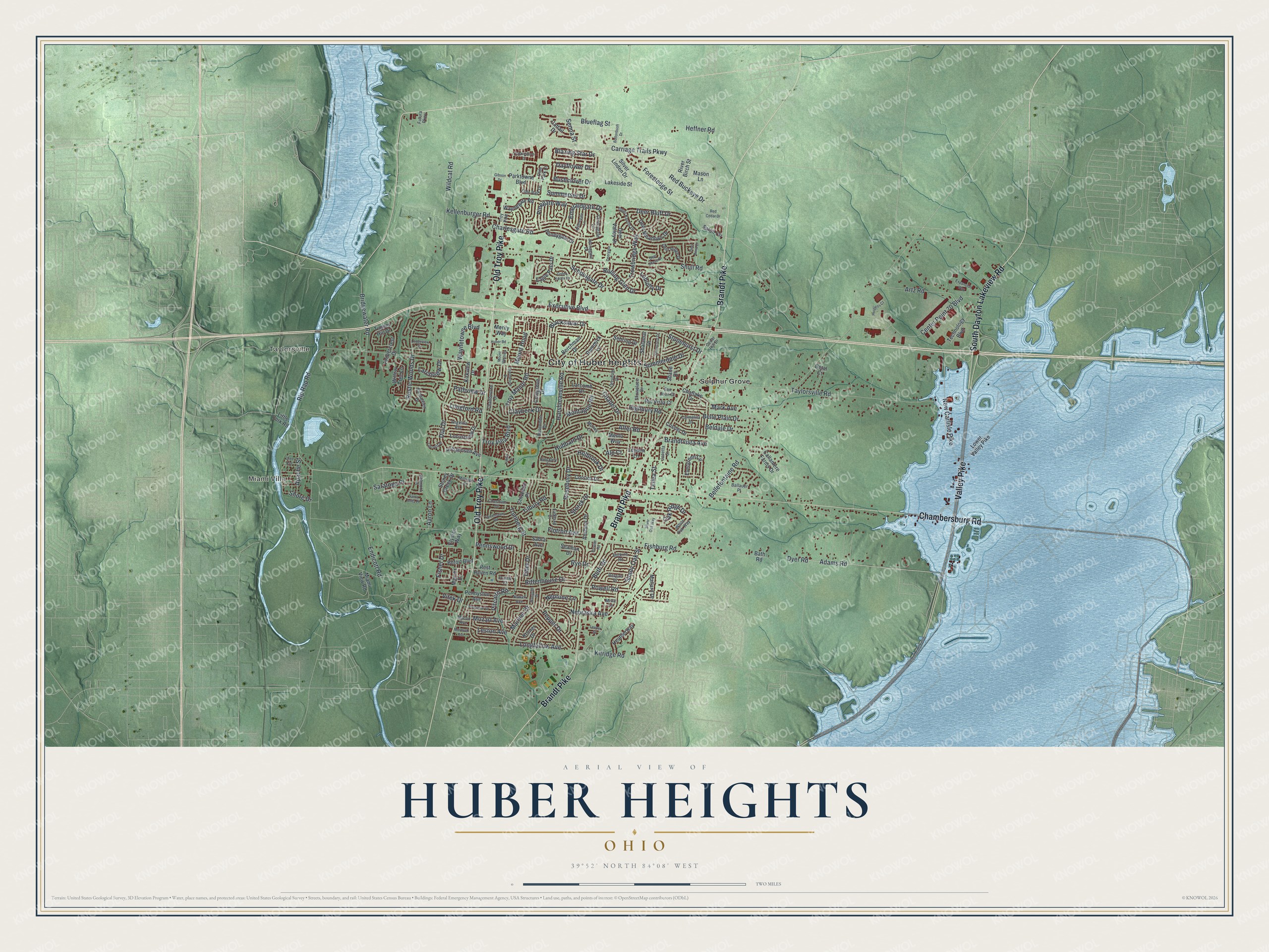 Full map of Huber Heights, Ohio, with red buildings, printed street names and the land around them