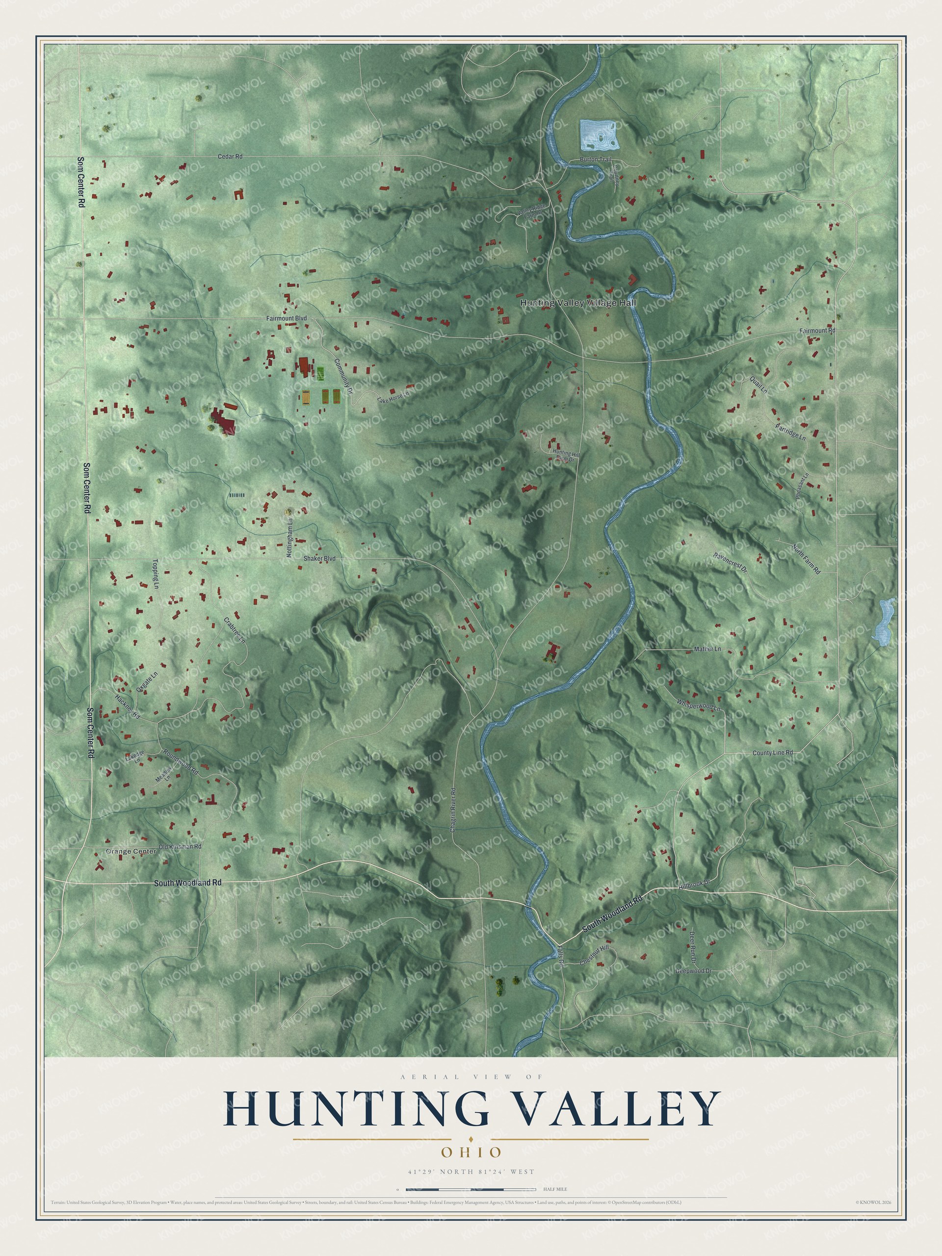 Full map of Hunting Valley, Ohio, with red buildings, printed street names and the land around them