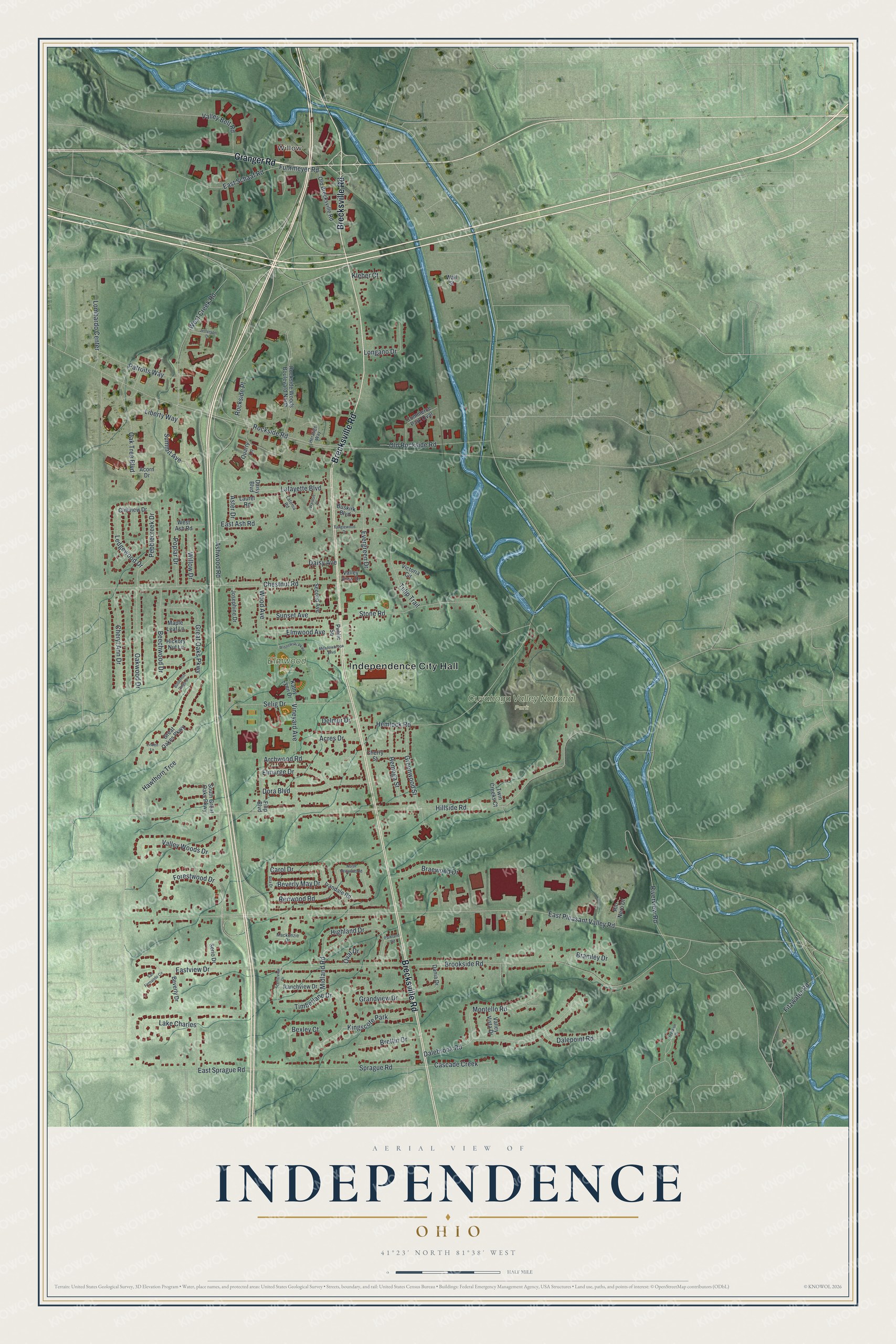 Full Independence, Ohio aerial map with red buildings, green hills, blue waterways, Elmwood Park, and a cream title panel