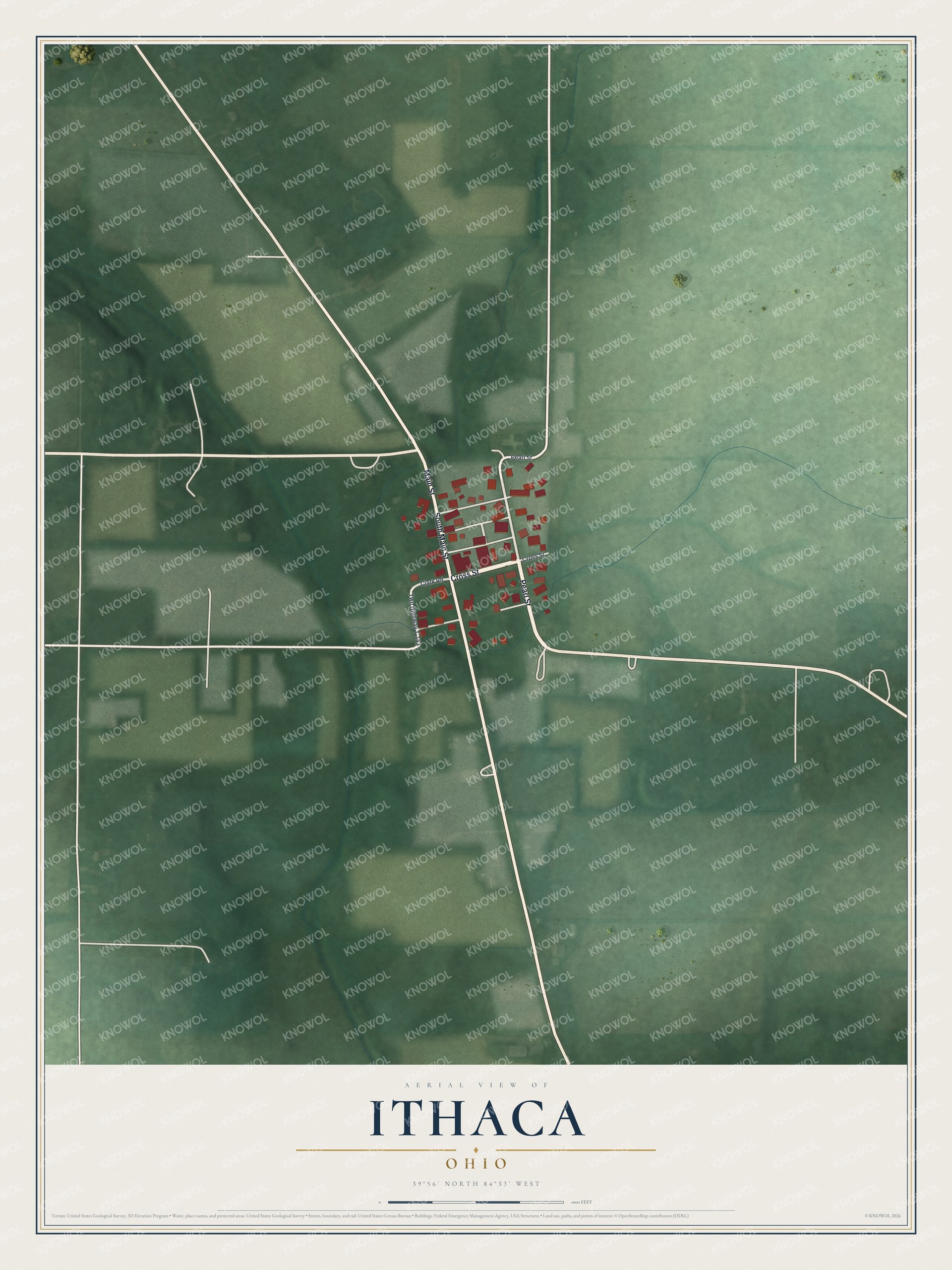 Full map of Ithaca, Ohio, with red buildings, printed street names and the land around them